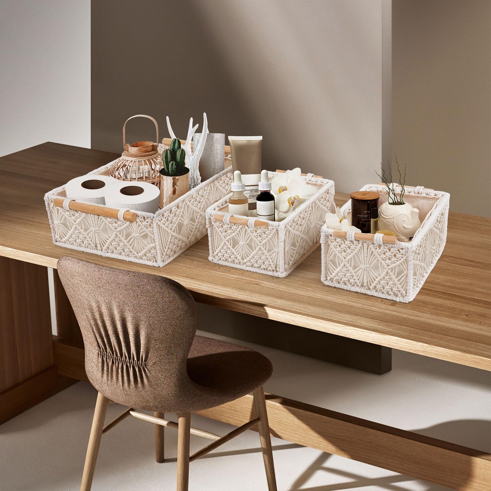 Anminy 3Pcs Macrame Storage Baskets For Organizing Boho Decor Baskets Storage Bins With Wood Handles Handmade Decorative Storage