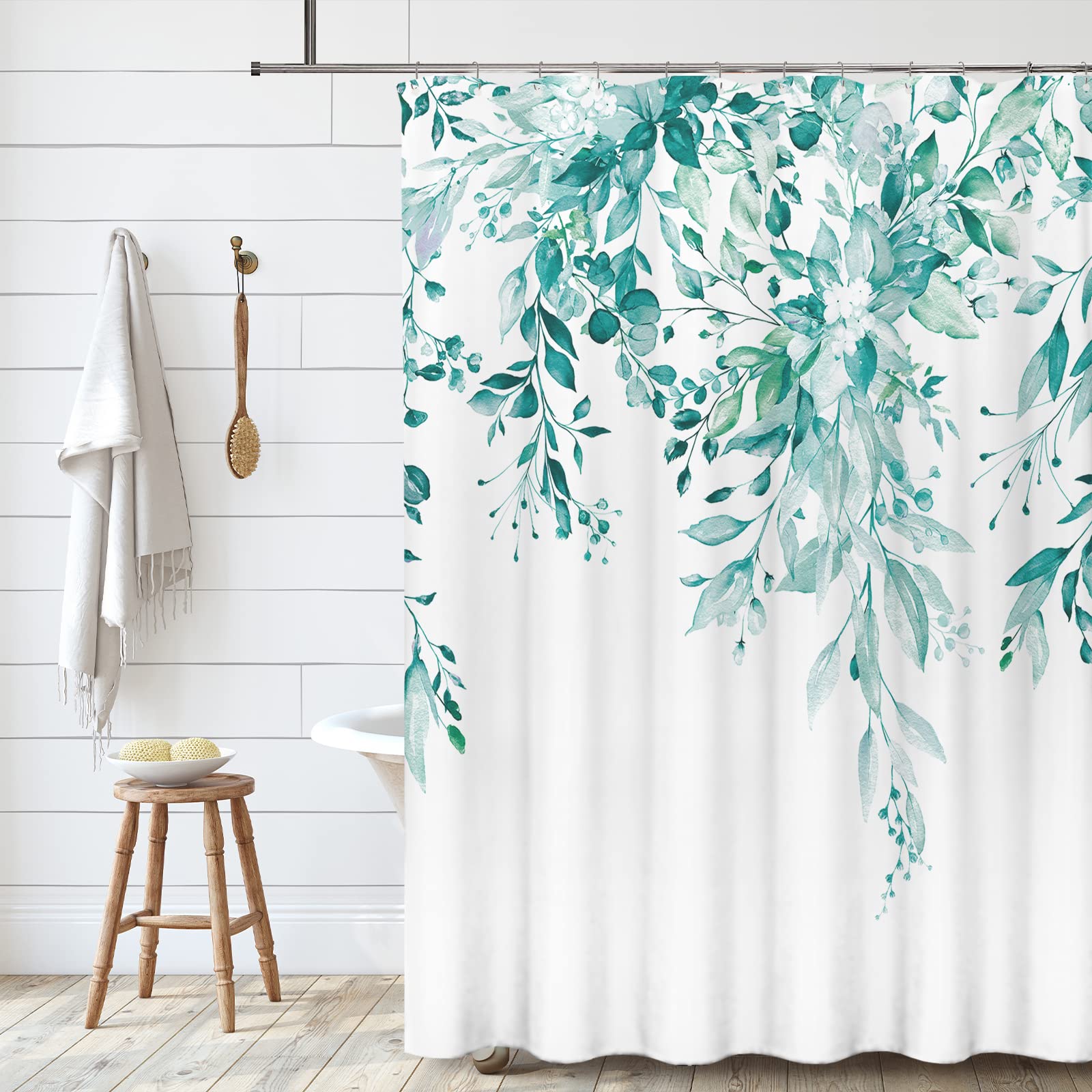 Tititex Teal Eucalyptus Shower Curtain Sets, Watercolor Turquoise Leaves On The Top Plant With Floral Bathroom Decoration 60X72