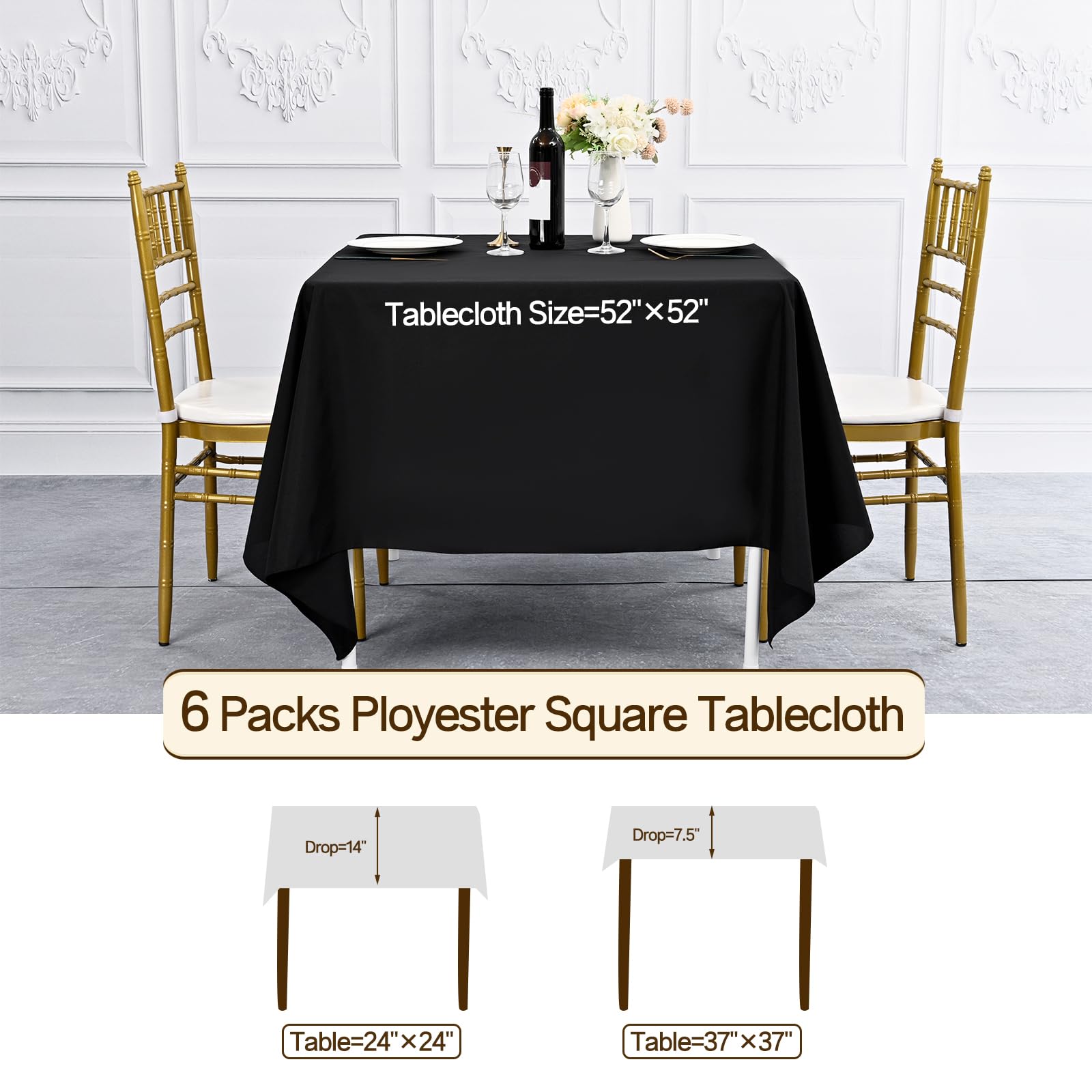 Pesonlook 6 Packs Square Tablecloth Black, 52  52Inch Square Table Cover Polyester Table Cloth Washable For Square Tables, Squar
