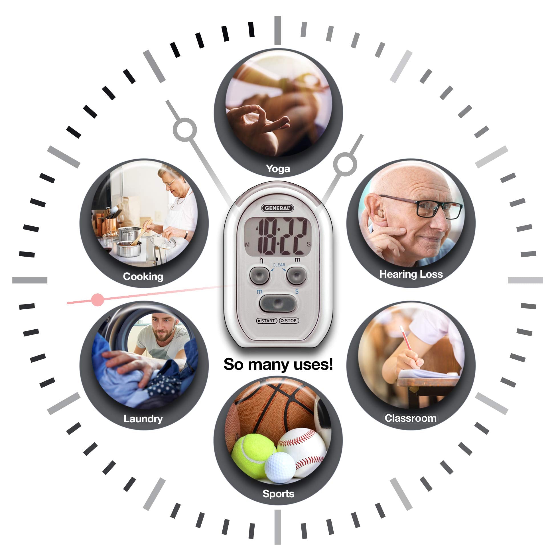 General Tools TI150 3-in-1 Kitchen Timer for Hearing Impaired, Loud Beeper & Vibration, Red Flasher, Gray