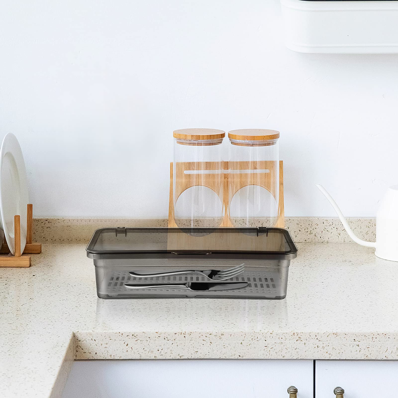 Topbathy Flatware Plastic Tray With Lid Kitchen Cutlery And Utensil Drawer Organizer Silverware Countertop Storage Container (Bl