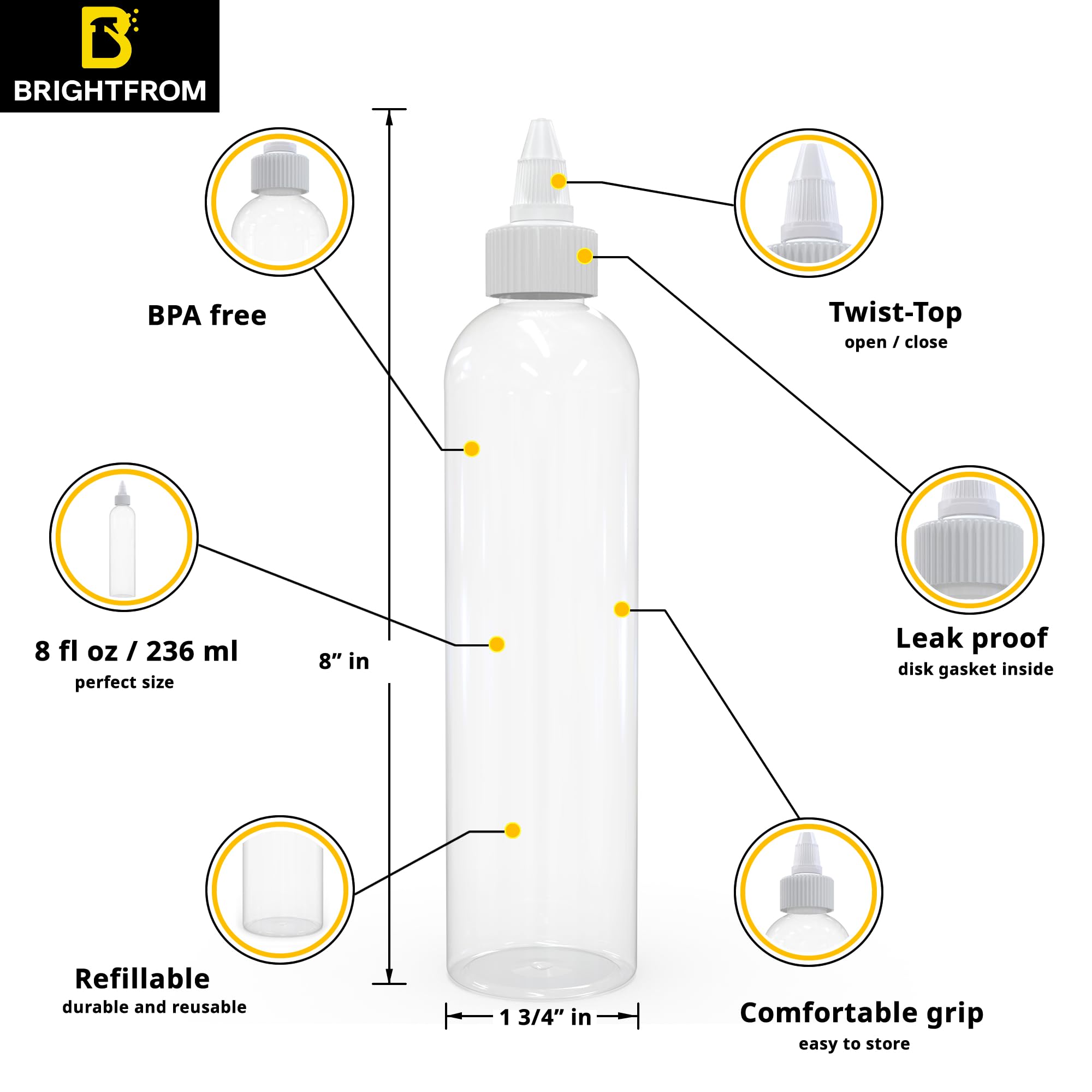 Brightfrom Twist Top Applicator Bottles, 8 Oz Crystal Clear, Squeeze Empty Plastic Bottles, Bpa-Free, Pet, Refillable, Open/Clos