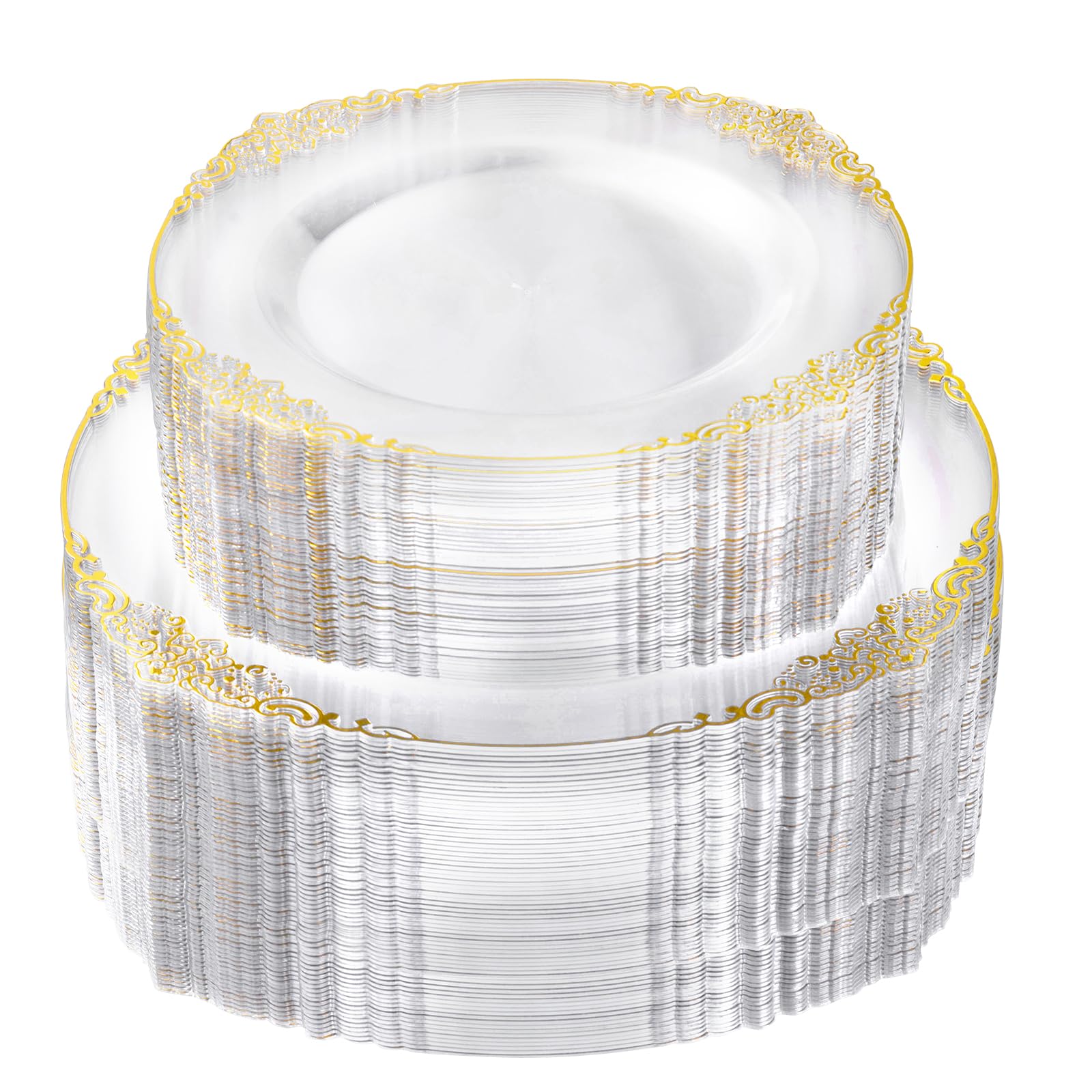 200 Pcs Clear And Gold Plastic Plates For 100 Guests, Elegant Clear Disposable Plates With Gold Rim, Include 100 Pcs Dinner Plat
