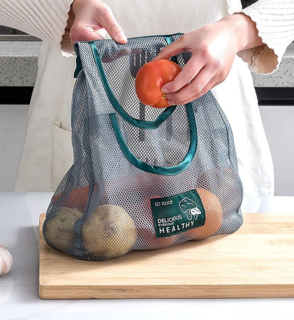 Prant Breathable Mesh Hanging Vegetable Storage Bag For Kitchen | WallMounted Onion, Garlic & Potato Organizer | Foldable & Reu