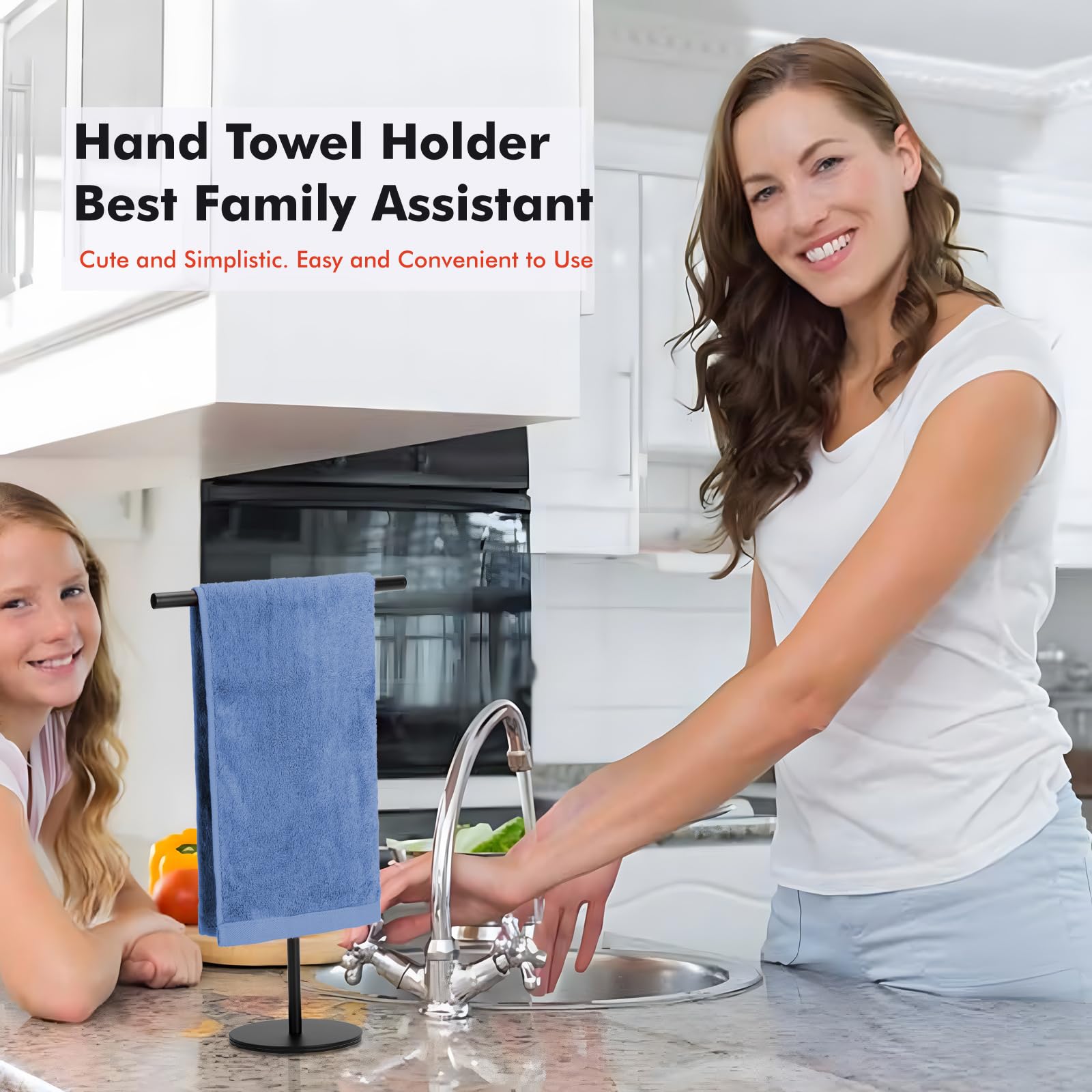 Exilon Black Hand Towel Holder Stand For Bathroom Vanity Countertop Stainless Steel T-Shape Freestanding Towel Rack Stand Towel