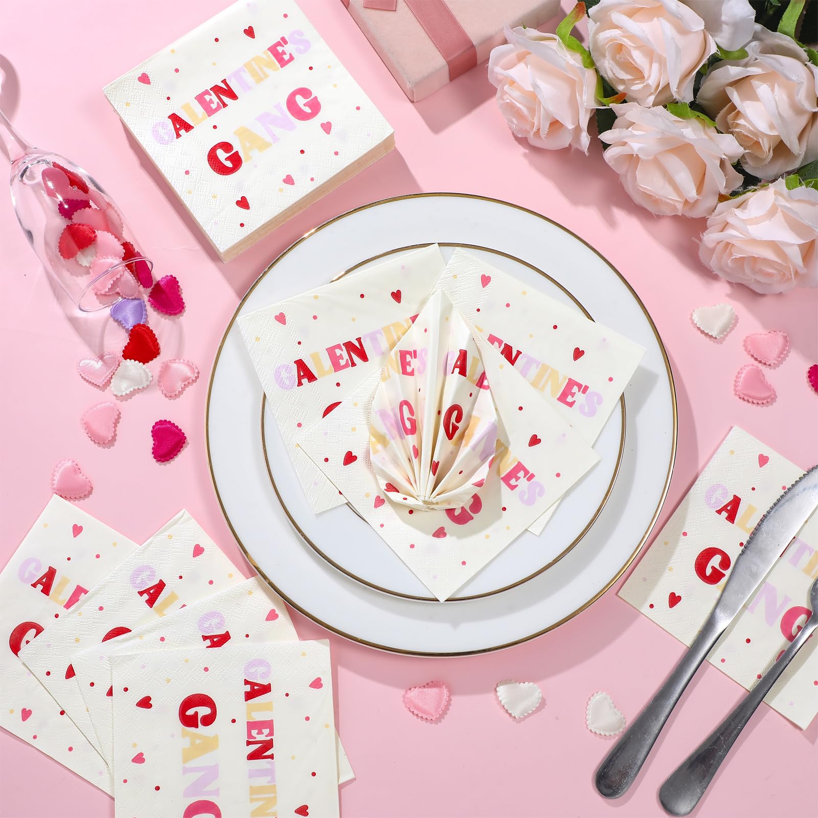 100 Pack Galentine'S Gang Napkins Disposable Folded Napkins 10 X 10 Inches Valentine'S Day Party Decorations Pink Paper Towel Ba