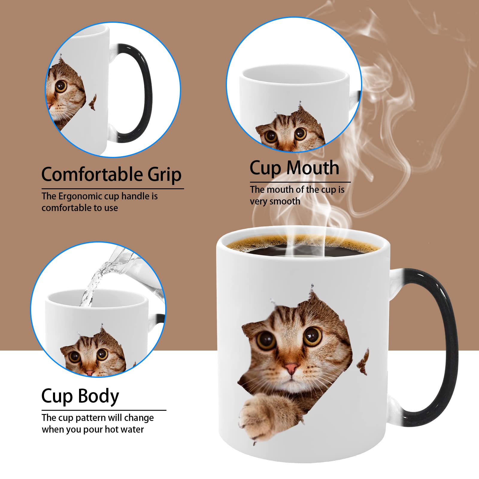 Caliamary Heat Changing Mug  Funny Cat Heat Changing Ceramic Coffee Mug  11 oz Heat Sensitive Color Changing Coffee Mug Cup  Cute Xmas Gift Mug for Women Men Kids (Cat)