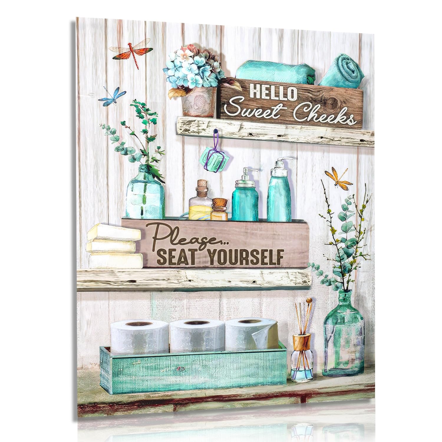 Dazzlewall Farmhouse Bathroom Wall Decor Poster Dragonfly Flower And Bottles, Rustic Wall Poster For Bathroom Toilet Decor 12X16