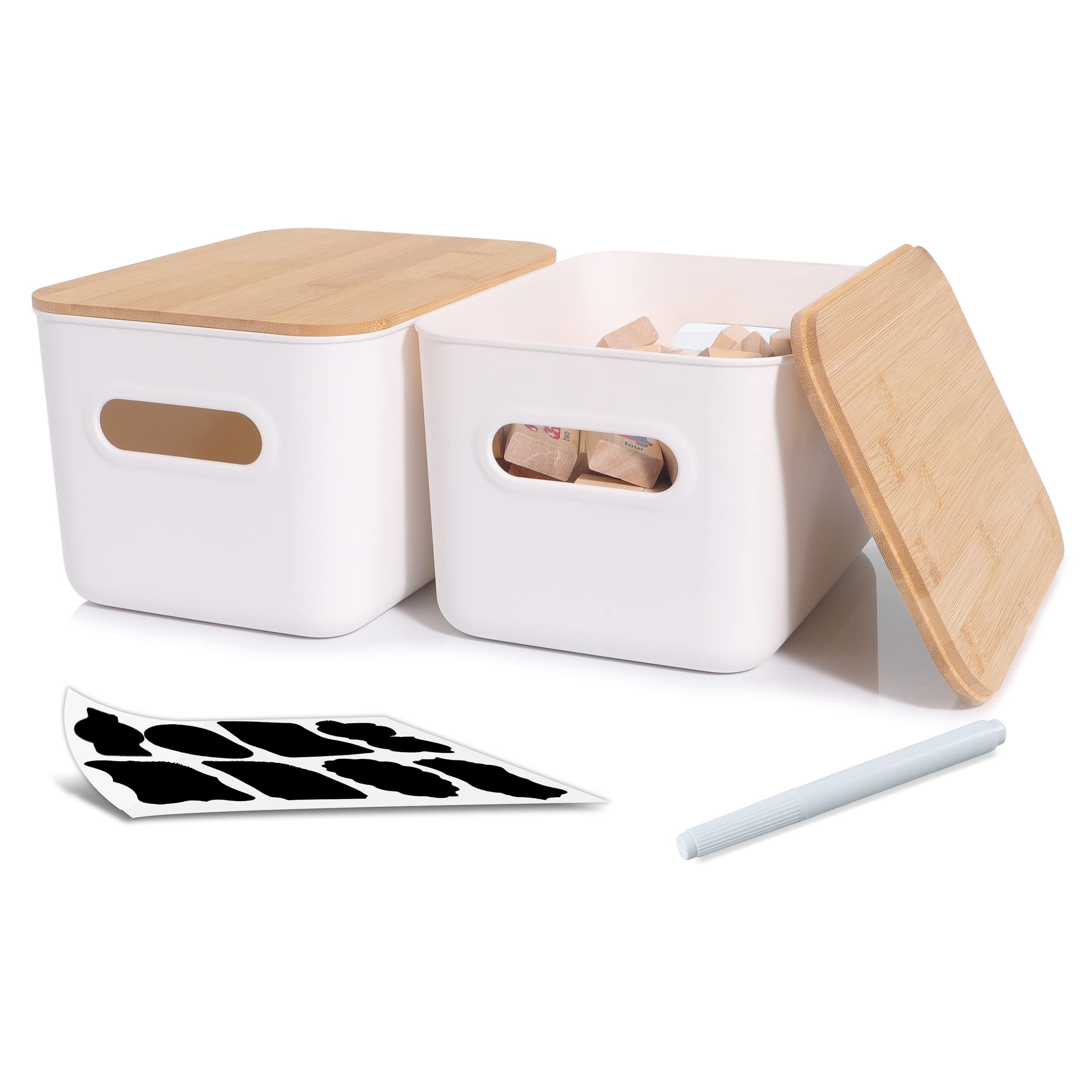 Citylife 2 Pcs Storage Bins With Bamboo Lids Plastic Storage Containers For Organizing Stackable Storage Box With Handle, 10.23