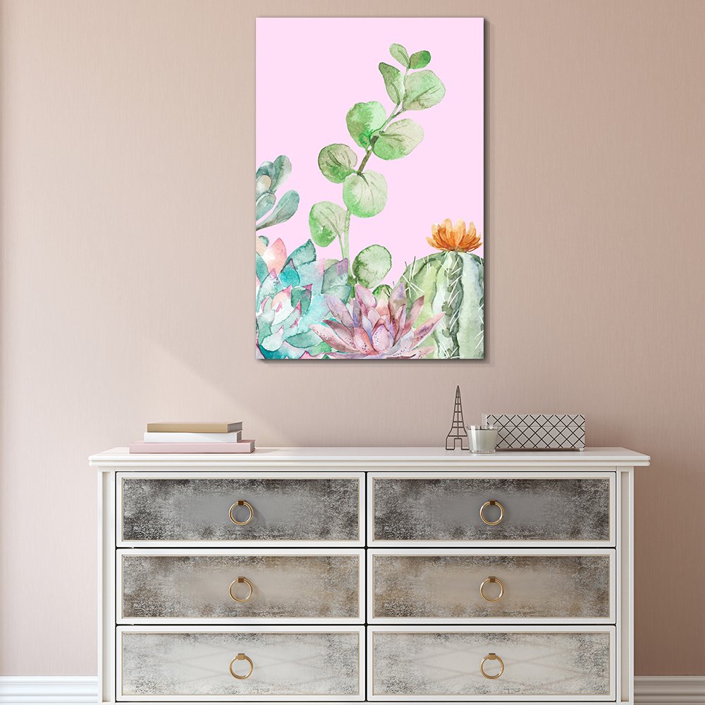 Wall26 Canvas Wall Art Succulent Plants Series - Watercolor Style Plants On Pink Background - Giclee Print Gallery Wrap Modern H