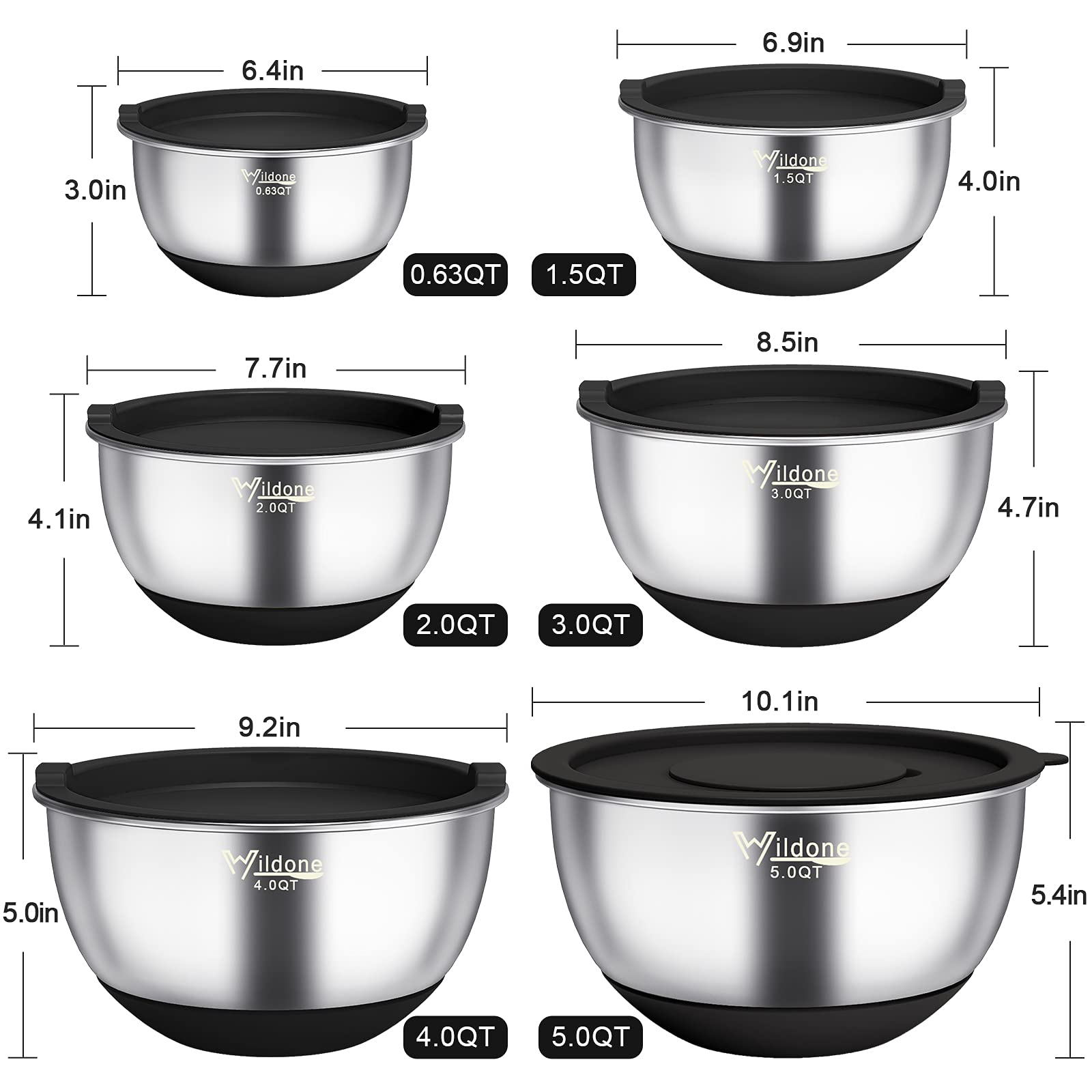 Wildone Mixing Bowls with Airtight Lids  22 PCS Stainless Steel Mixing Bowls Set  3 Grater Attachments  Measurement Marks & Non-Slip Bottom  Size 5  4  3  2 1.5  0.63QT  Ideal for Mixing & Prepping