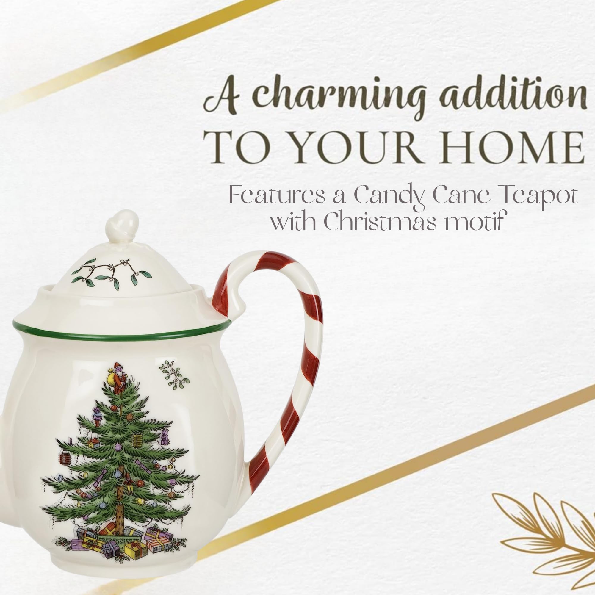 Spode Christmas Tree Candy Cane Teapot | Large Teapot With Lid For Hot Drinks, Tea, Coffee, Hot Chocolate, | Christmas Tree Desi