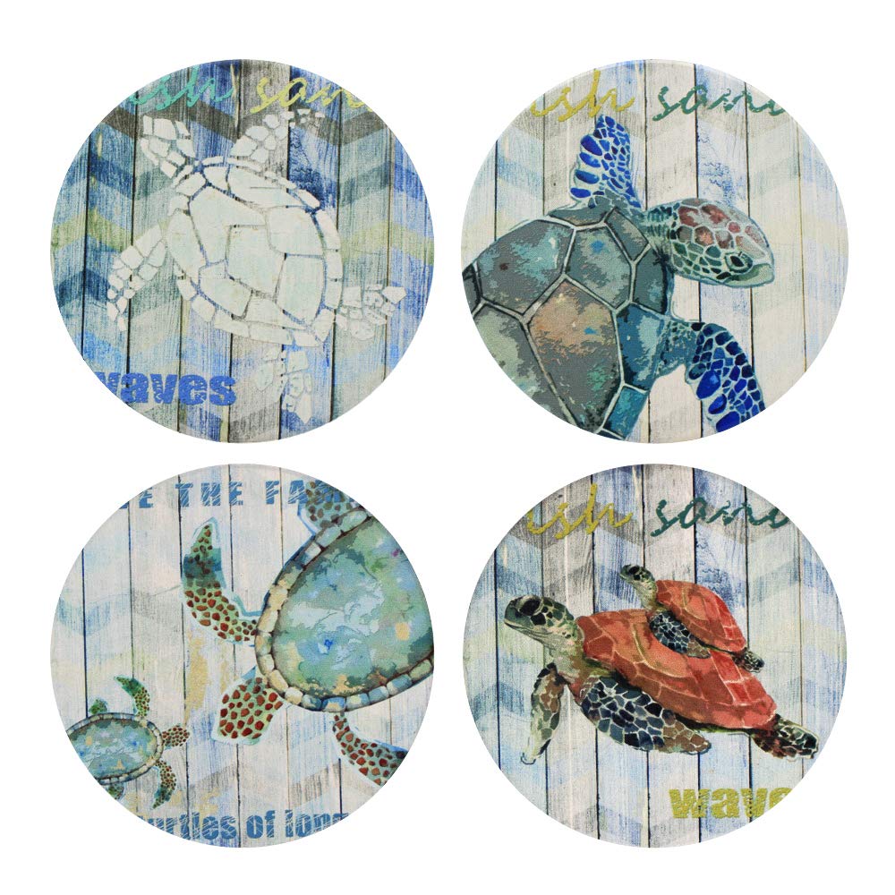 Absorbent Coasters Set Of 4 - Ocean Theme Sea Turtle Coaster For Drinks With Vibrant Colors And Cork Backing (Sea Turtle)