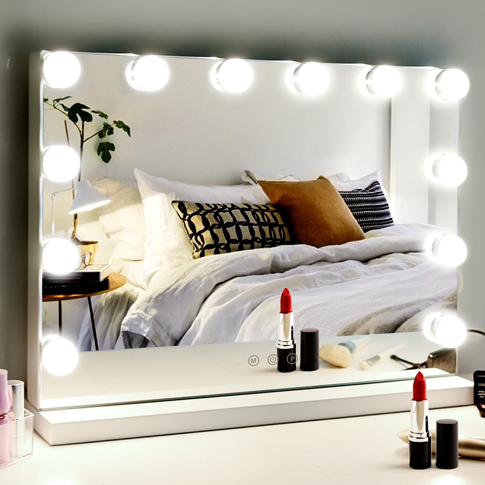 M Mivonda Vanity Mirror With Lights, Lighted Makeup Hollywood Mirror With Dimmable 3 Color Lights Led Bulbs For Desk And Wall, M