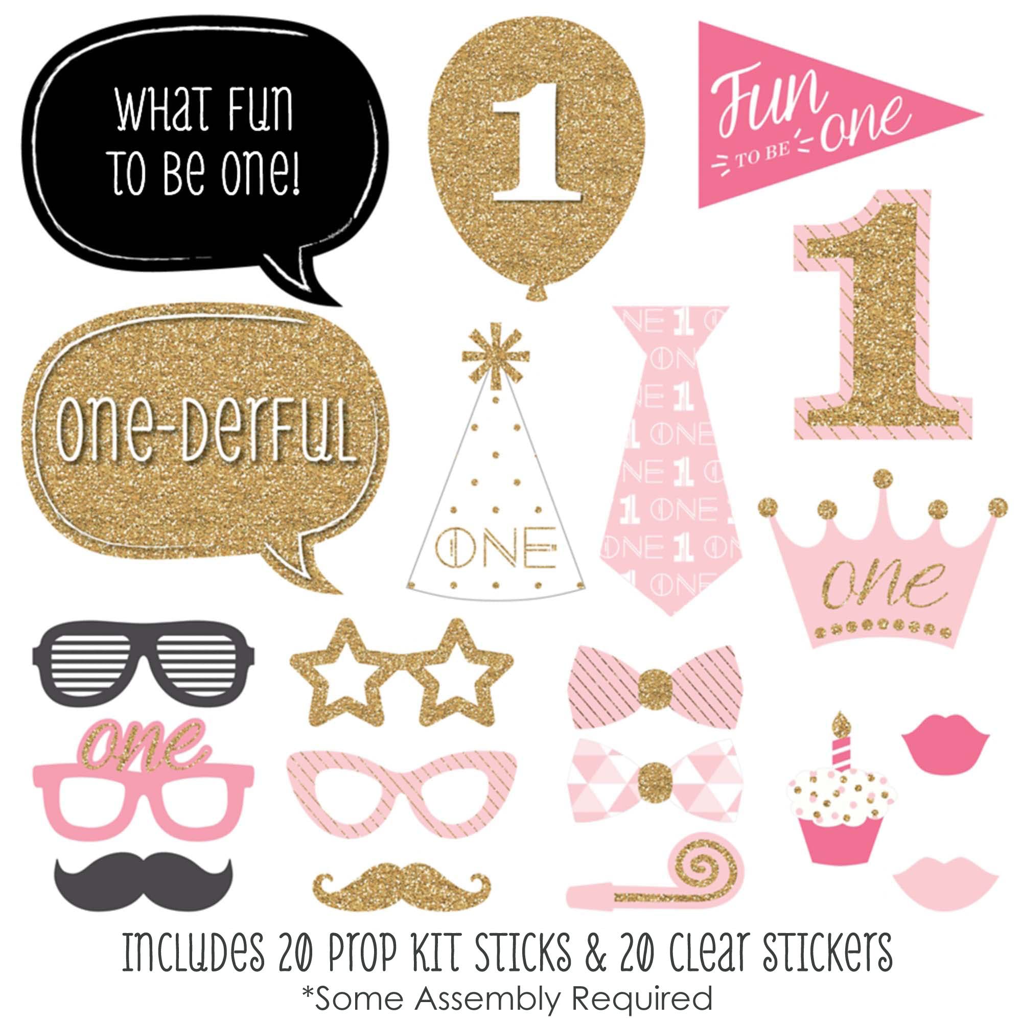 Big Dot Of Happiness 1St Birthday Girl - Fun To Be One First Party Photo Booth Props Kit 20 Count