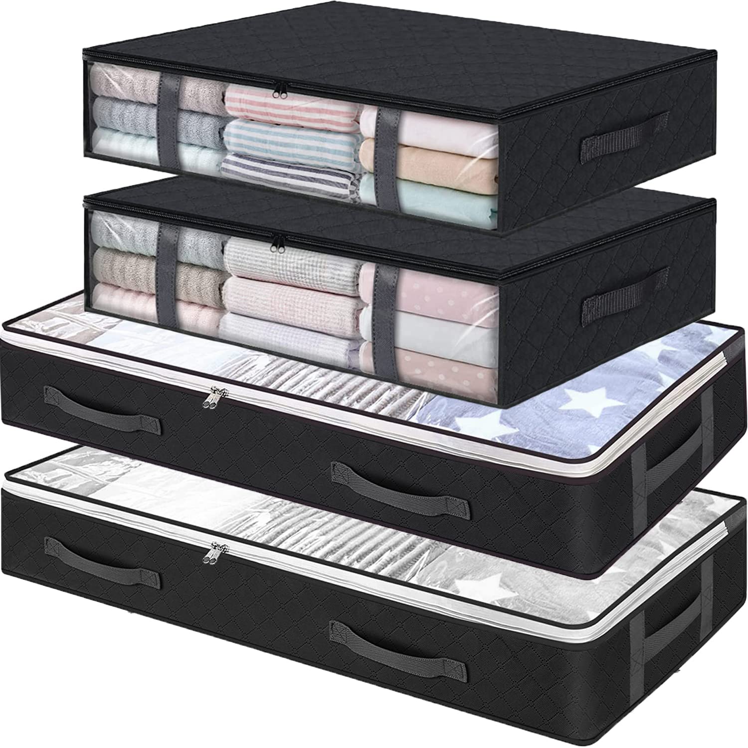 ASANMEYO Under Bed Storage Containers, 4-Pack Large Underbed Storage Bags Organizer, Thick Fabric Storage Bins with Clear Window