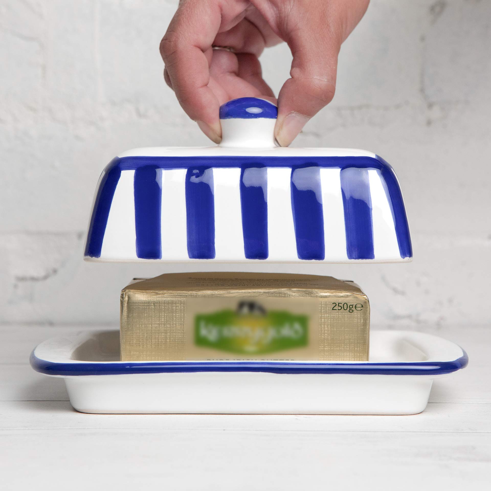 City to Cottage Large Ceramic Butter Dish with Lid, Navy Blue Stripe, Handcrafted Butter Keeper for Countertop