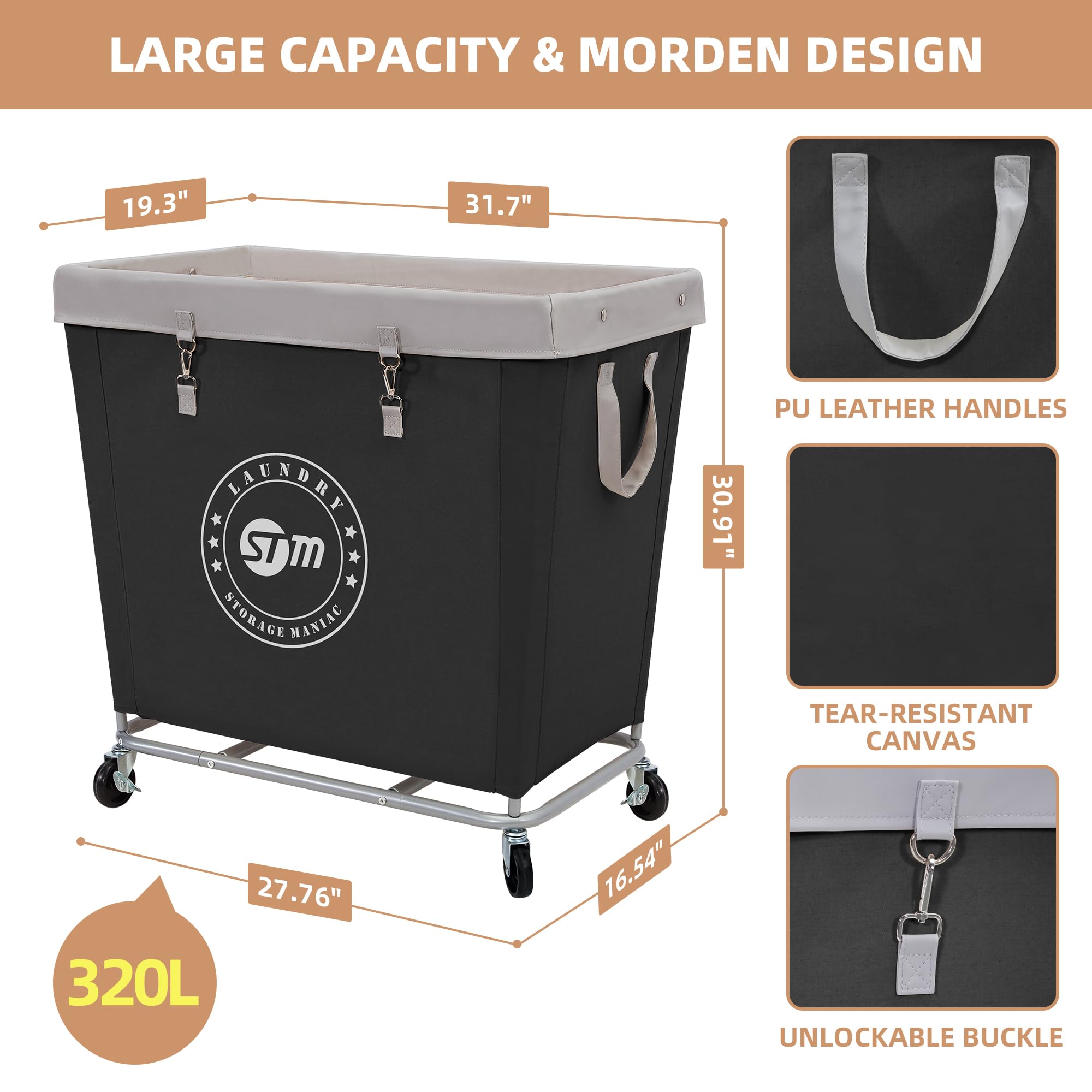 Storage Maniac Commercial Laundry Hamper With Heavy Duty Steel Frame, 320 L Industrial Laundry Basket Cart With Wheels For Hotel