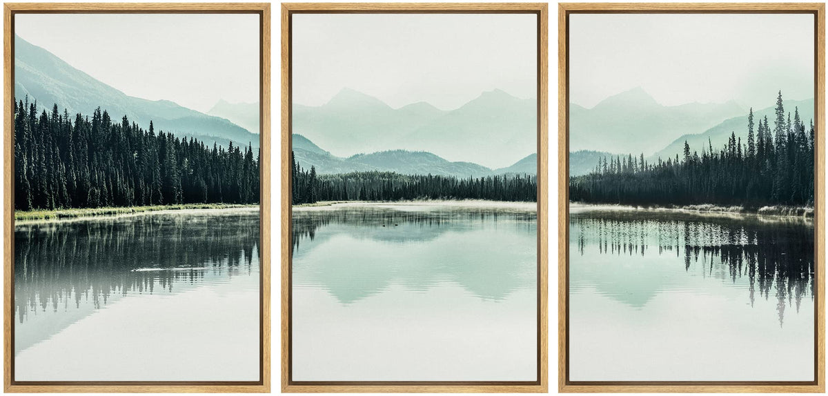 Nwt Framed Canvas Print Wall Art Set Teal Mountain Range Lake Forest Landscape Nature Wilderness Photography Modern Art Rustic S