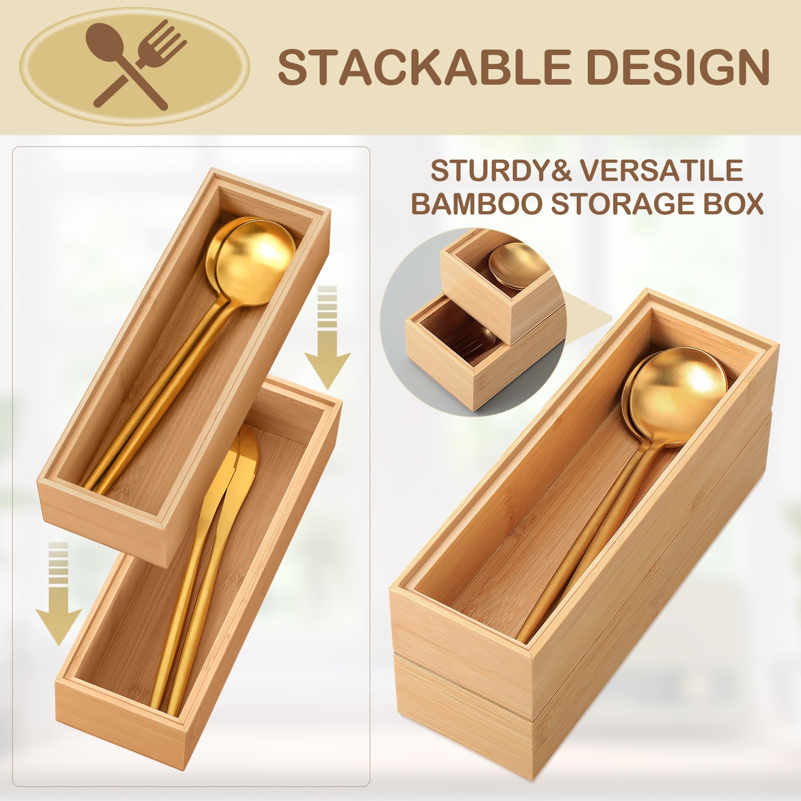 Kigley 8 Pieces Bamboo Drawer Organizer Kitchen Utensils Wooden Utensil Organizer For Drawers Stackable Wooden Storage Box Bambo