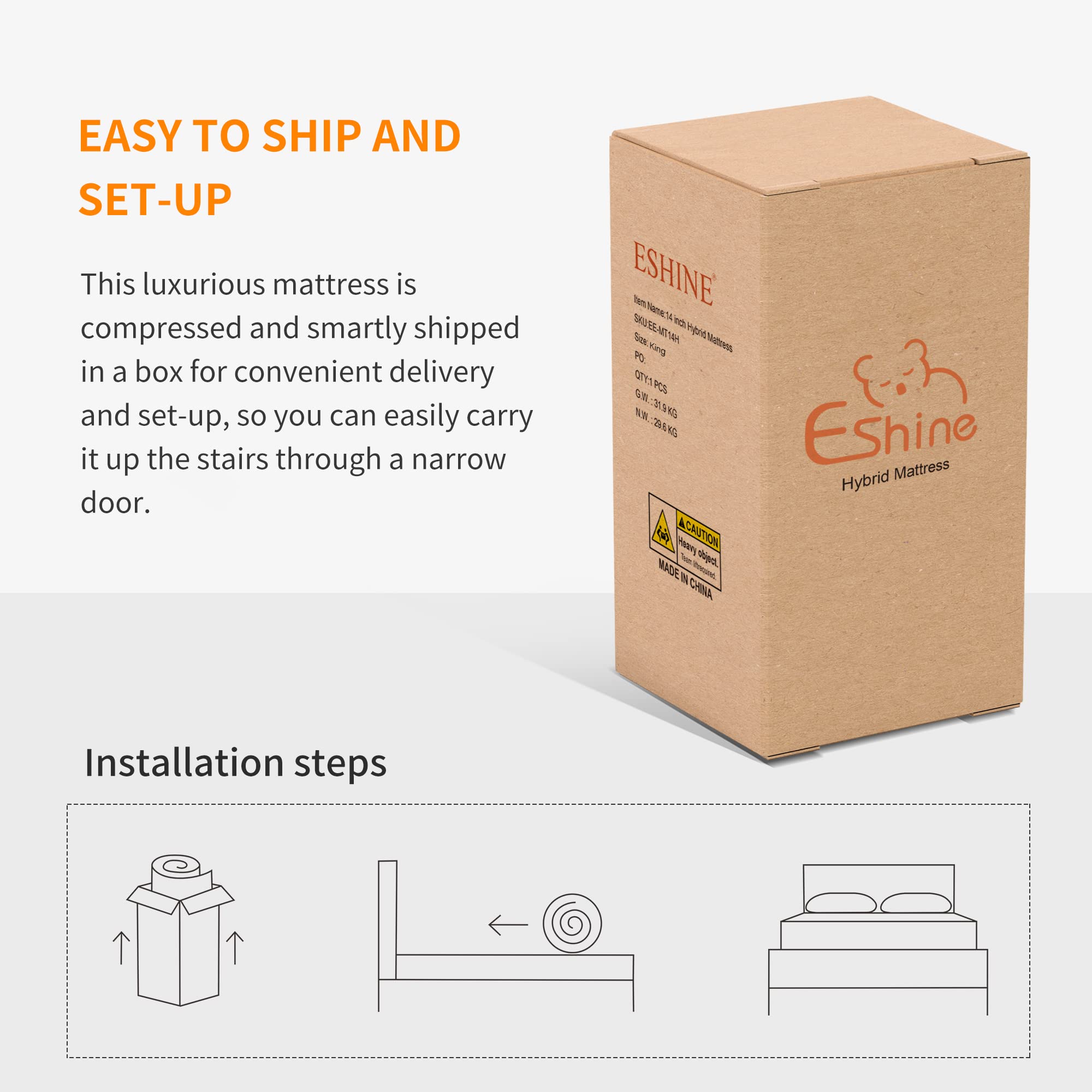 ESHINE 12'' Hybrid Mattress King + Adjustable Bed Frame - Luxury Cool Gel Memory Foam  Upholstered Bed Base with Massage  Wireless Remote  USB  Under Bed Night Light  Head and Foot Incline