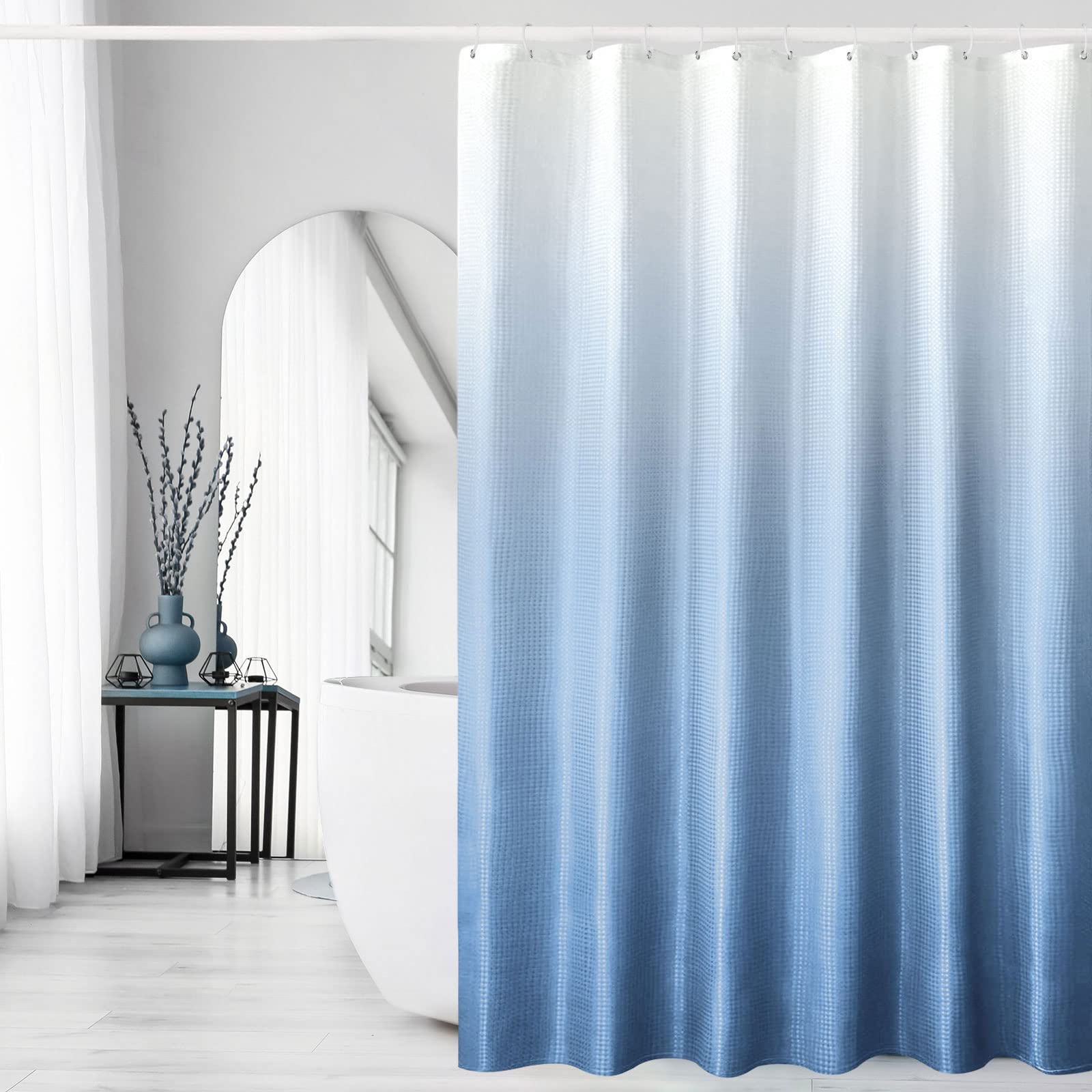 Gibelle Blue Shower Curtain For Bathroom, Waffle Weave Textured Ombre Fabric Shower Curtain Set With Hooks, Water Repellent, Mac