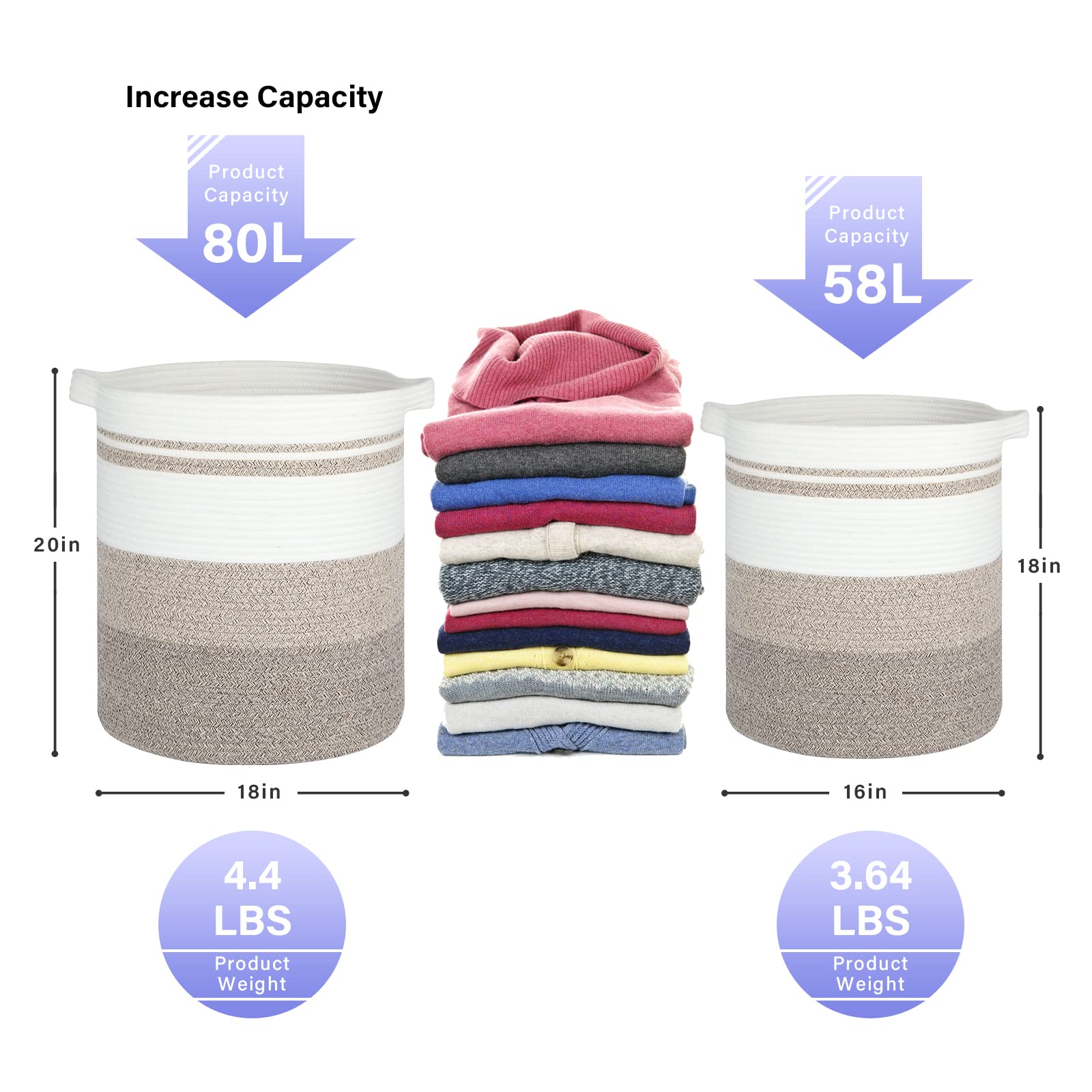 OIAHOMY 58L Laundry Baskets-Laundry Hamper  Storage Basket with Handles  Decorative Basket for Living room  Woven Storage Basket for Toys Bin  Pillows  Blankets  Clothes-18x16in-Gradient Brown