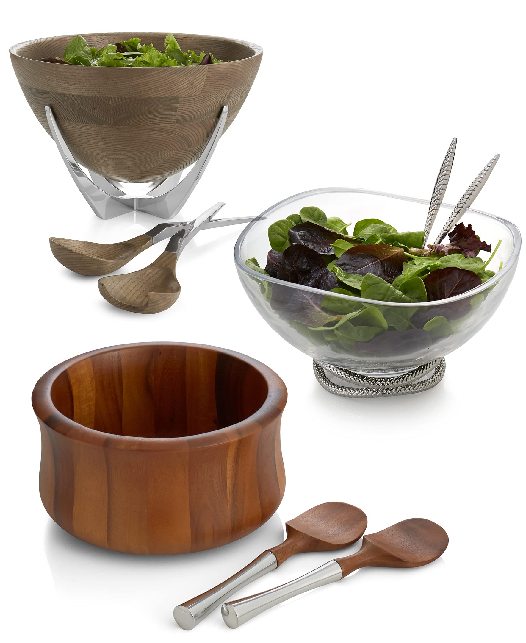 Nambe - Nara Collection Natural Acacia Wood Salad Bowl And Servers With Nambe Alloy Handles (10.5'' X 5.5'')