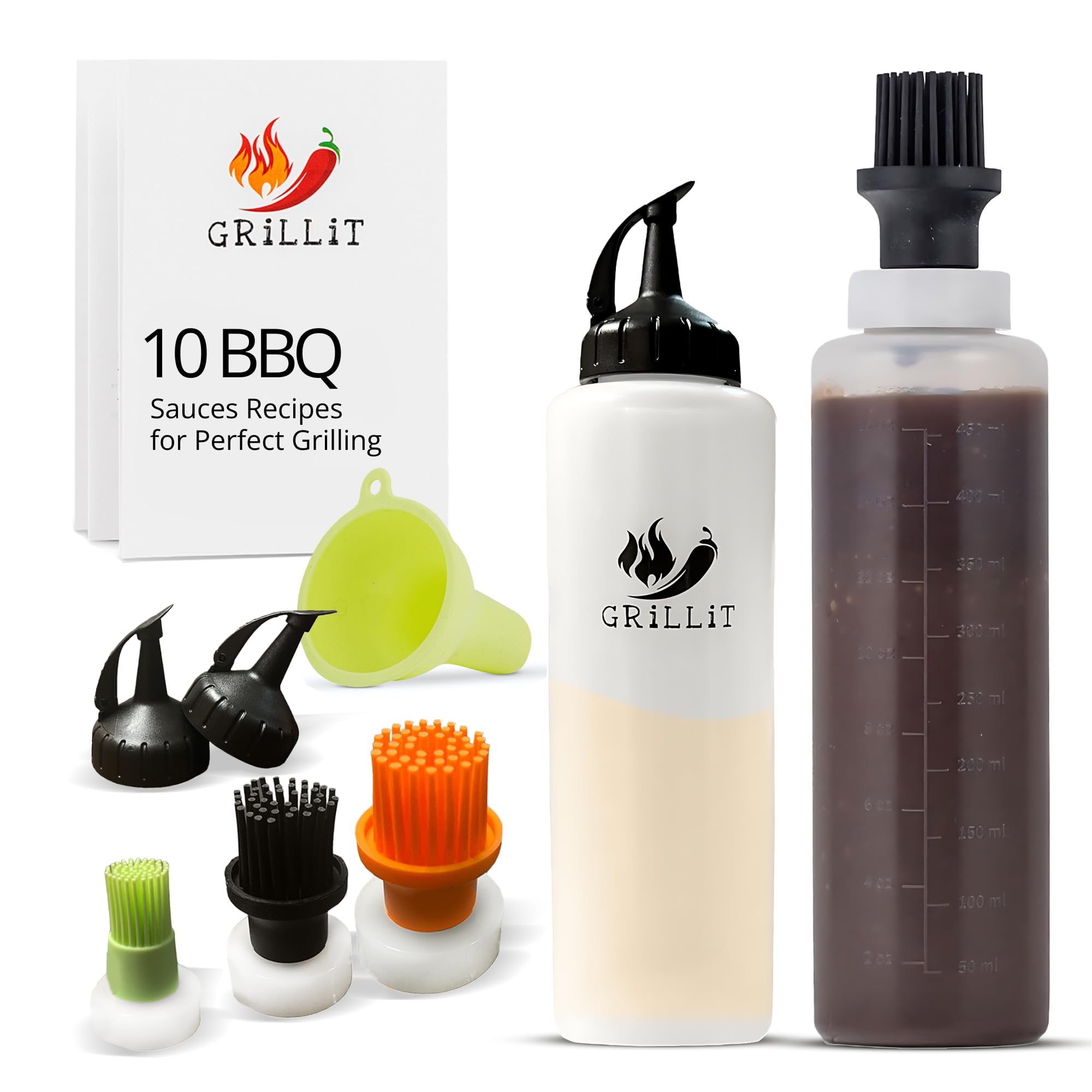 Sauce Basting Bottle Set For Grilling With 3 Silicone Bbq Basting Brush Caps & 2 Squeeze Caps - Squeeze Bottles For Sauces With