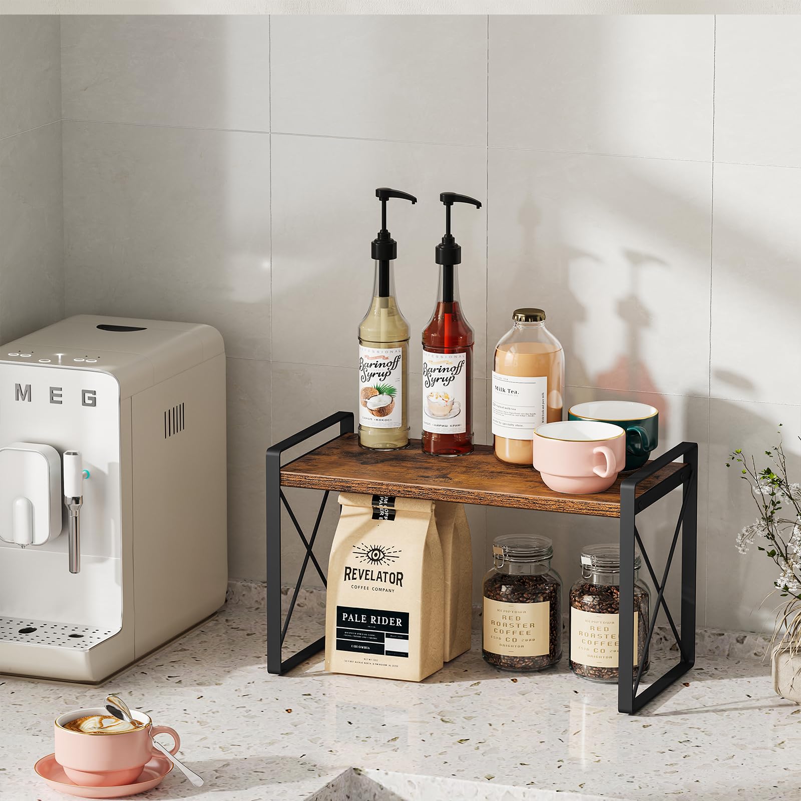 Giikin Countertop Shelf Organizer - Retro Metal Spice Rack, Rustic Brown, 7.8"D x 15.7"W x 9.4"H, Ideal for Kitchen, Pantry, Bathroom