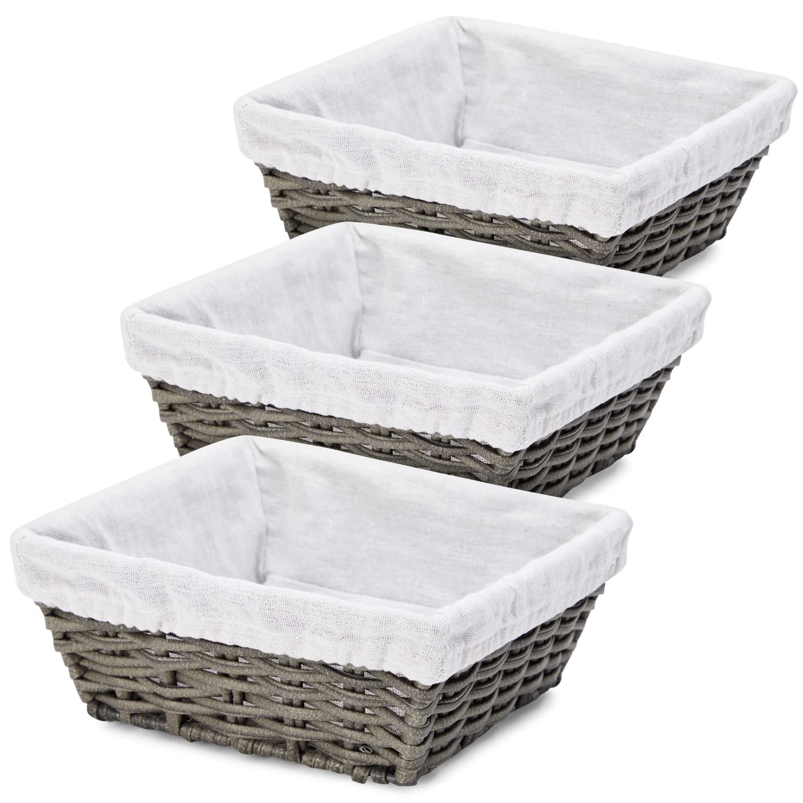 Farmlyn Creek 3-Pack 9 Inch Square Wicker Storage Baskets With Liners - Small Woven Bins For Organizing Kitchen, Closet Shelves,