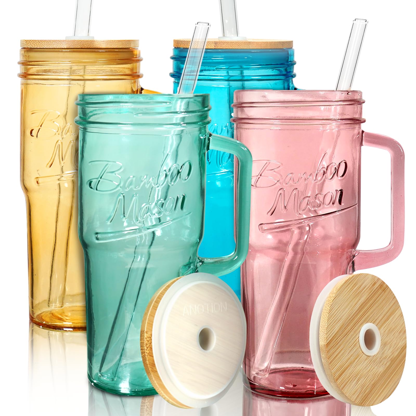 ANOTION Colored Glass Cups with Handle Set of 4, 24oz Glass Cups with Lids and Straws Travel Coffee Mug Bamboo Mason Jar Iced Cu