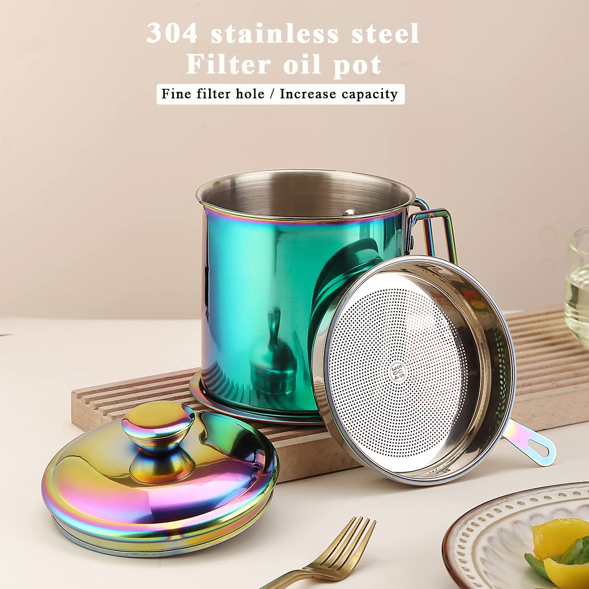 Berglander Rainbow Bacon Grease Container With Strainer 47oz  Titanium Colorful Plating Stainless Steel Oil Storage Container with Fine Mesh Strainer Dust-proof for Storing Frying Oil  Cooking Fat