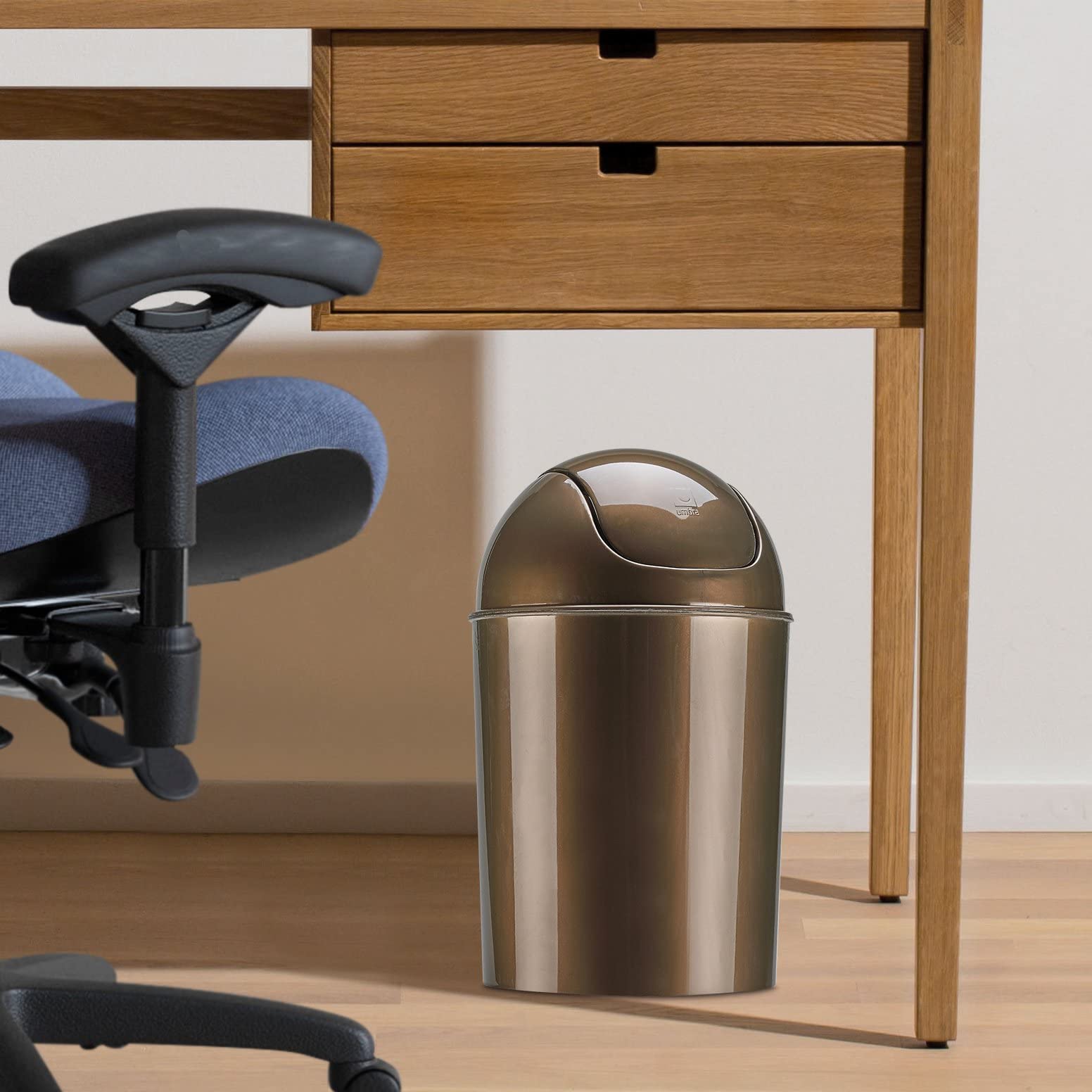 Umbra Mini Waste Can 1-1/2 Gallon With Swing Lid, Bronze, Grey/Steel