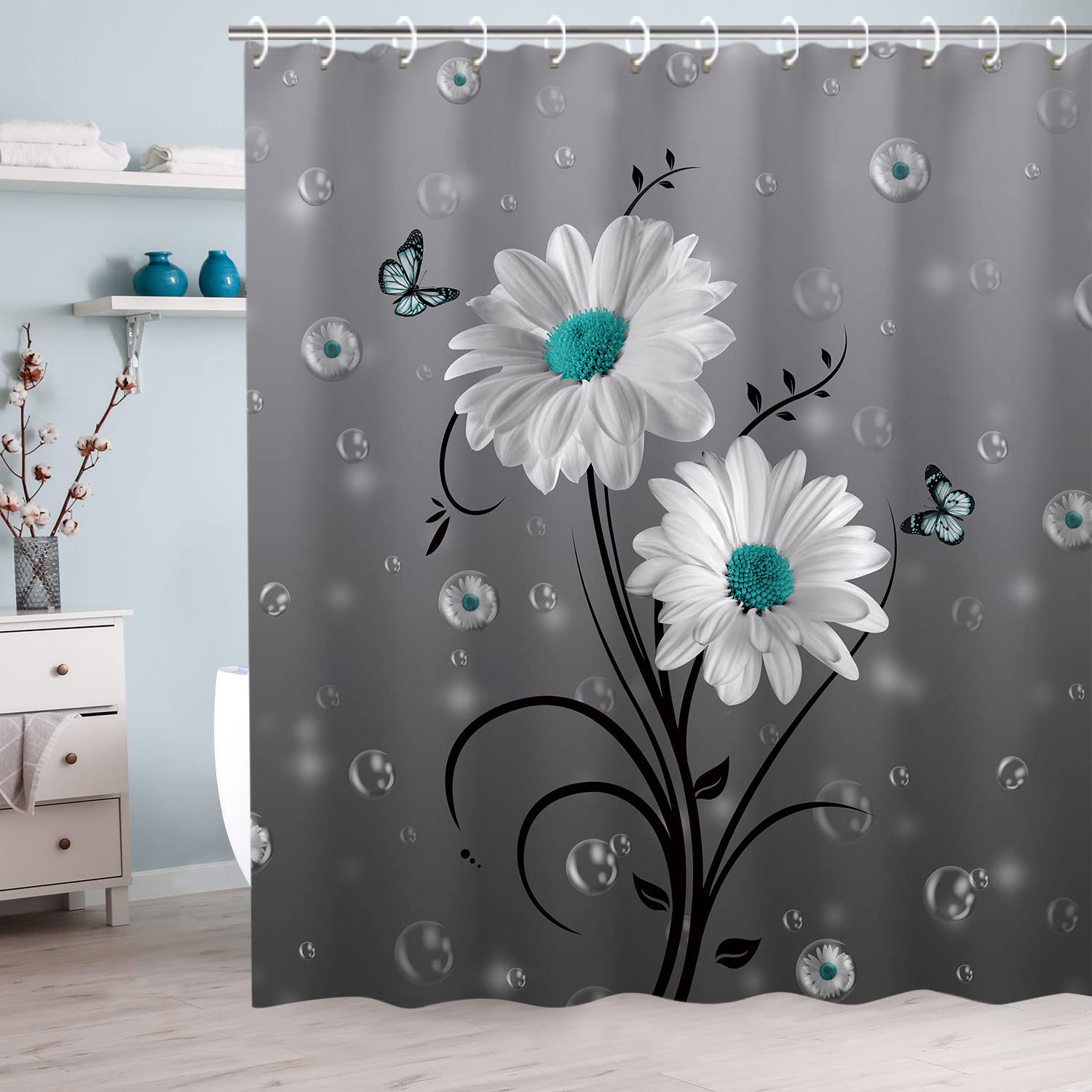 Rosielily Daisy Shower Curtain Floral Shower Curtain Gray Shower Curtain White Floral Butterfly Shower Curtain For Bathroom Rust