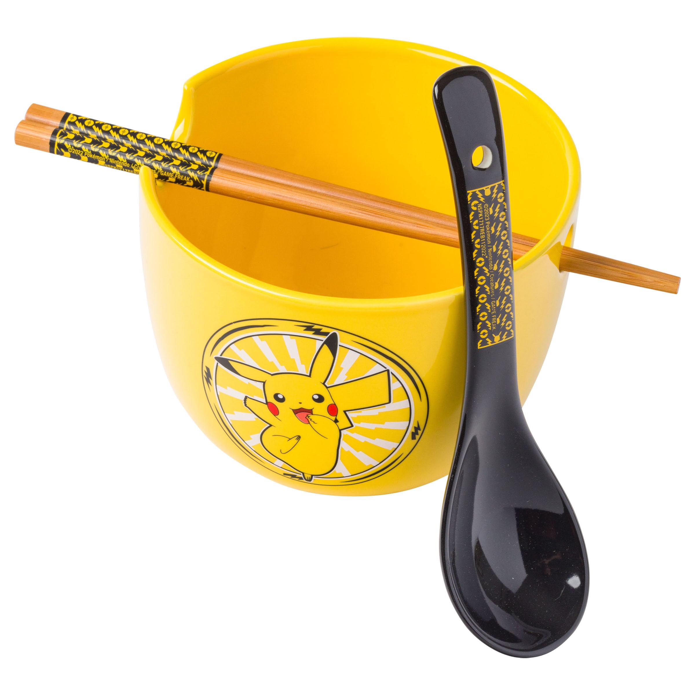 Silver Buffalo Ceramic Ramen Bowl Set, 20 Oz, Microwave Safe, Pokemon Pikachu Design with Chopsticks & Spoon, Model BN1507KD