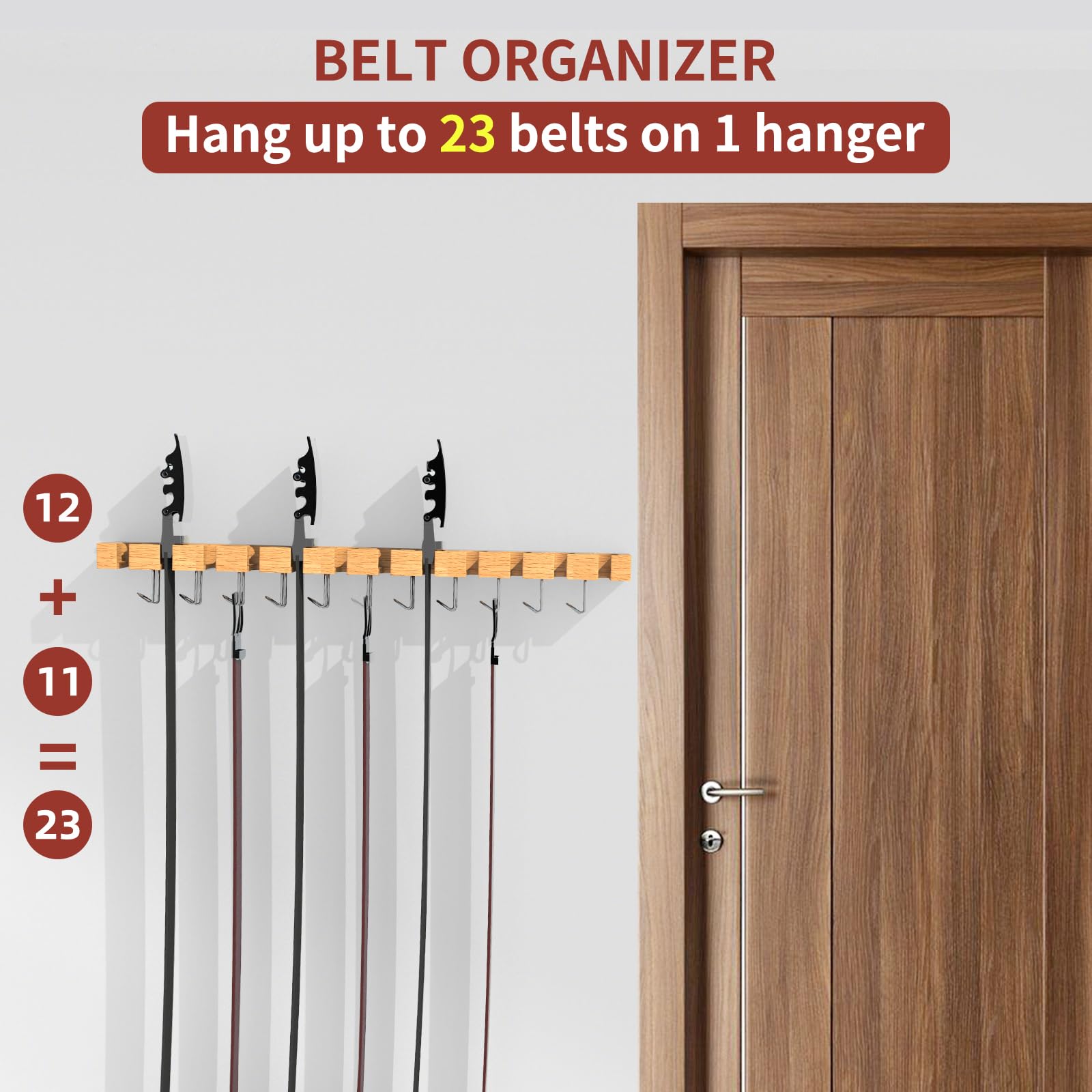 Belt Hanger For Closet Max 42 Belts, 2-In-1 Wall Mount Belt Organizer With 360 Rotating Hooks, Wooden Tie And Belt Rack For Clos