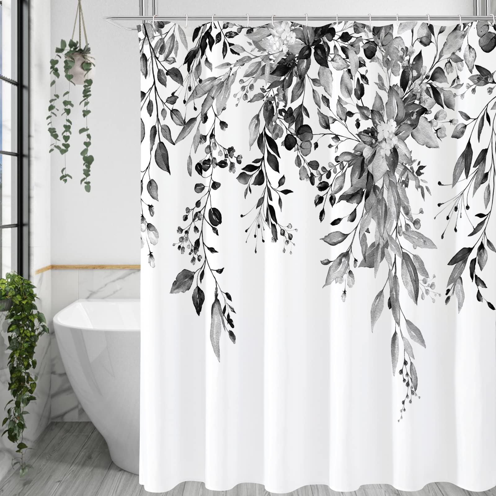 Gibelle Black And White Eucalyptus Shower Curtain, Grey Watercolor Plant Leaves With Floral Bathroom Shower Curtain Set With Hoo