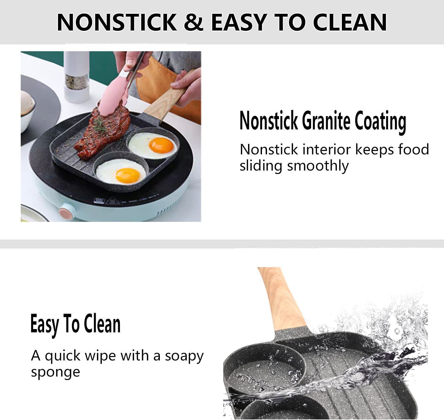 Justup Nonstick Egg Frying Pan, 3-In-1 Nonstick Pan Divided Grill Frying Pan, Heat Resistant Handle 3 Section Skillet Mini Panca