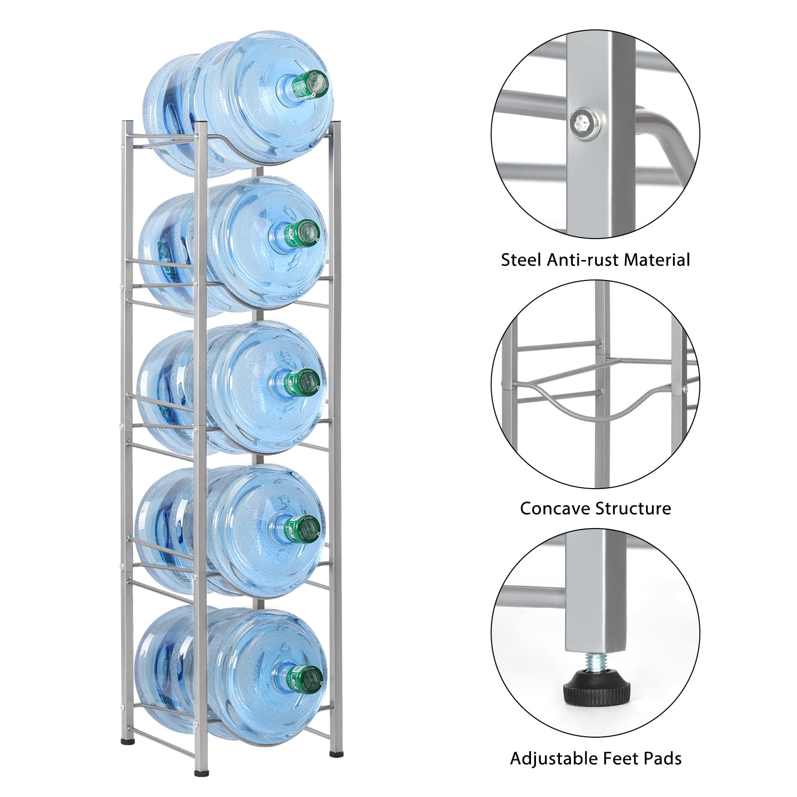5 Gallon Water Jug Rack, 5-Tier Water Bottle Holder Storage Rack, Water Jug Organizer For Kitchen,Office,Garage, Silver