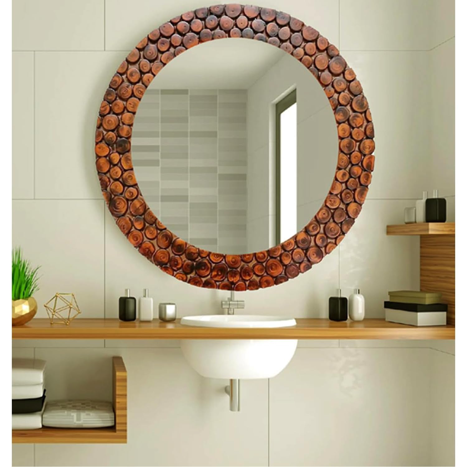 Sra Home Deco Handmade Wooden Antique Frame Round Wall-Mounted Mirror, Mirror For Bedroom, Bathroom, Living Room, Wall Basin, St