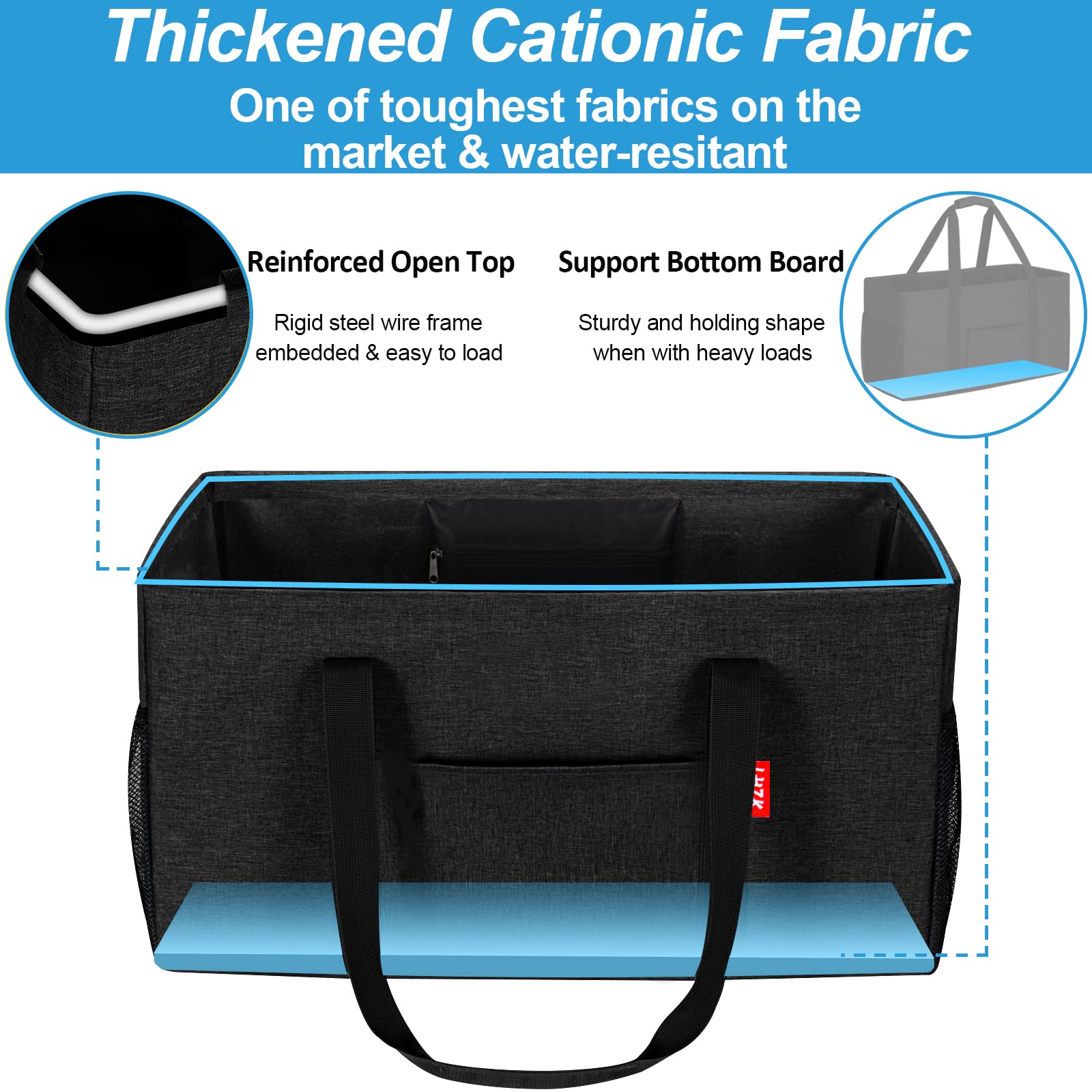 Lhzk Standing Extra Large Utility Tote Bag With Metal Wire Frame And The Sides Rinforced, Large Collapsible Tote (Black)