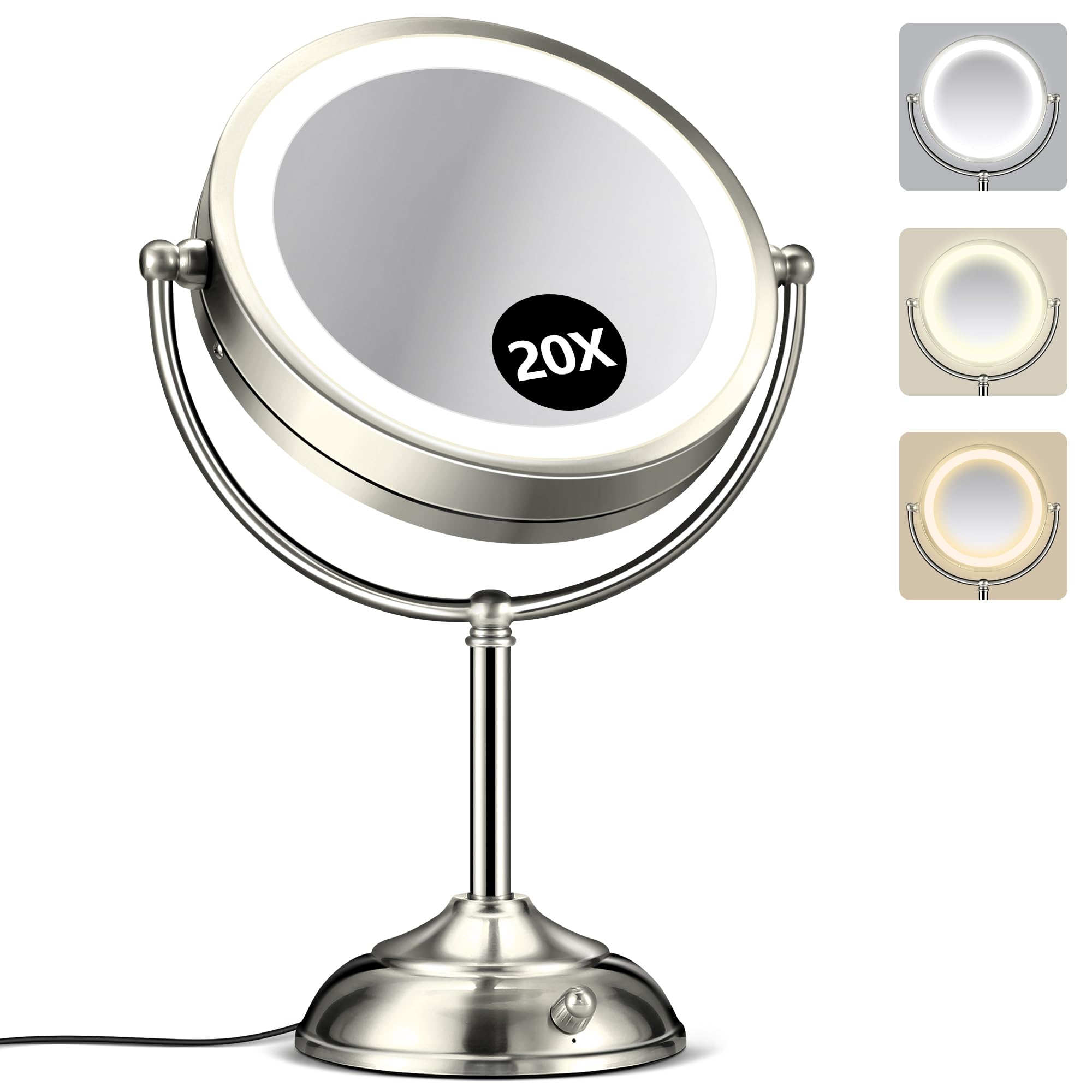 20X Large Lighted Makeup Mirror, Rechargeable 8.6'' Magnifying Makeup Mirror, 30-Minute Timer,3 Color Modes, Adjustable Brightne