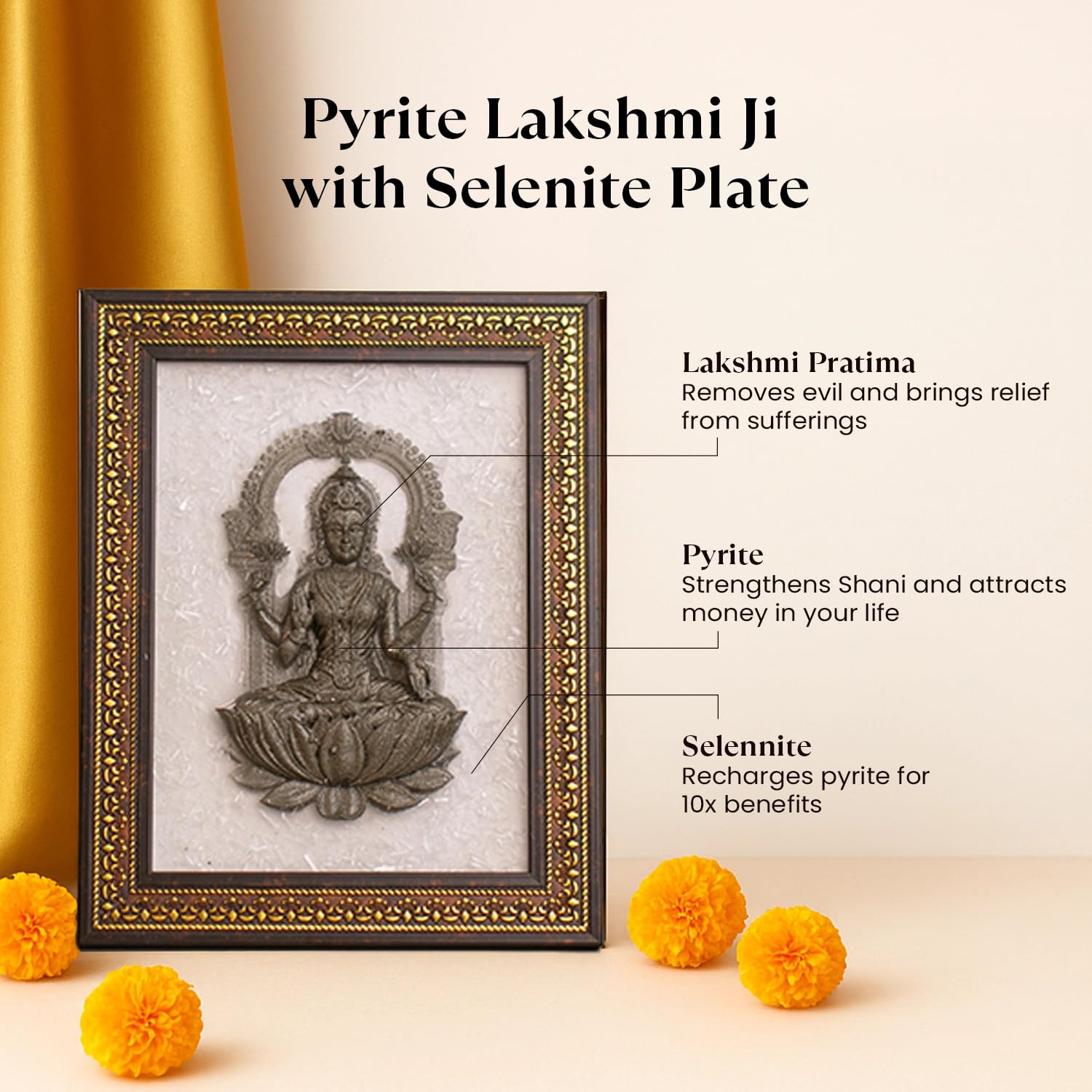 Astrotalk Pyrite Lakshmi Ji on Selenite Frame | Pyrite Stone Brings Money & Abundance | Maa Lakshmi Pooja Decorative Items for Home & Office | Gift for Man & Woman | 19x24x1 cm | 1 Piece
