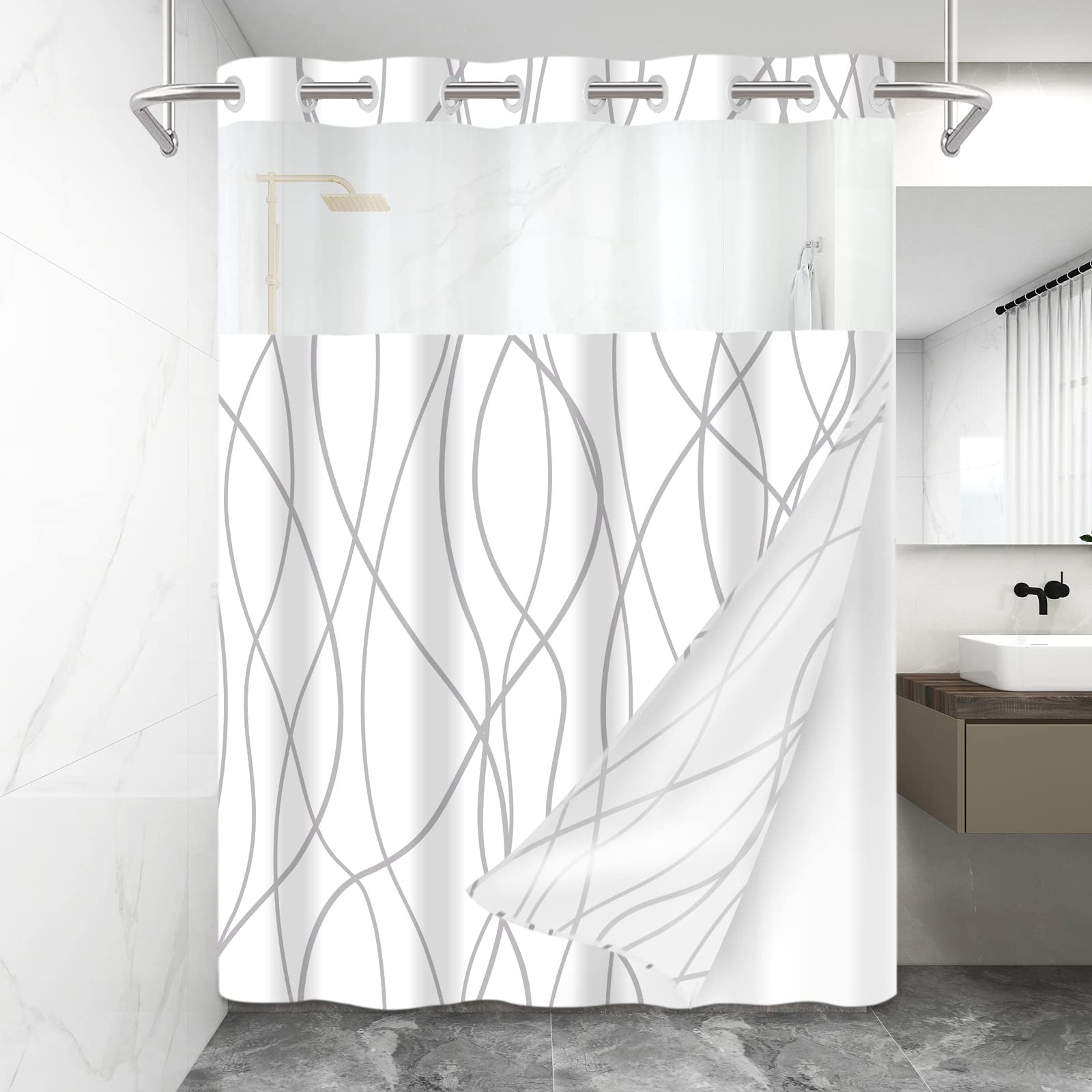 Lxbni No Hook Grey White Striped Shower Curtain With Snap In Fabric Liner Set - Hotel Liner Set With See Through Mesh Top Window