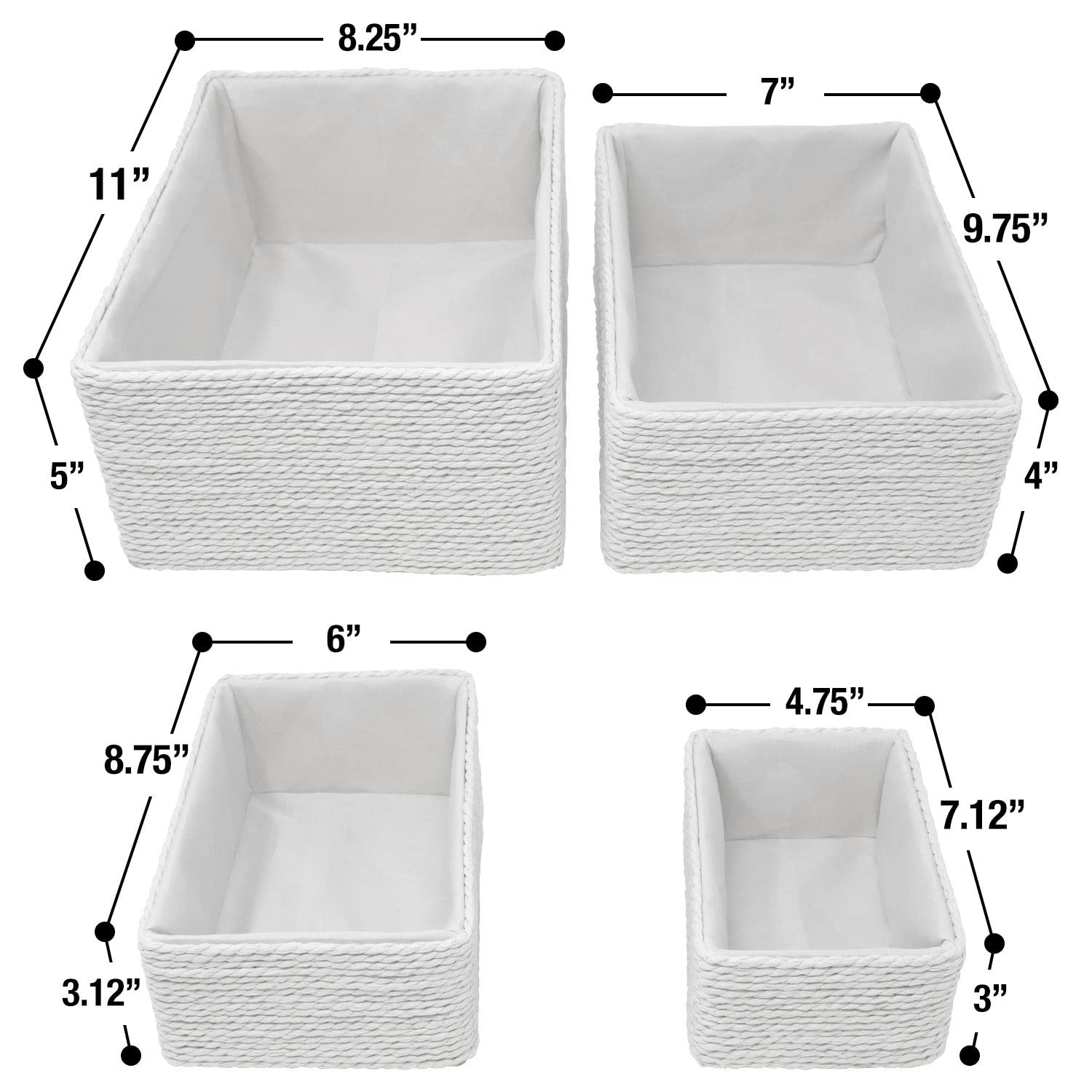 Sorbus Storage Baskets 4-Piece Set - Stackable Woven Basket Paper Rope Bin Boxes For Makeup, Office Supplies, Bedroom, Closet (W