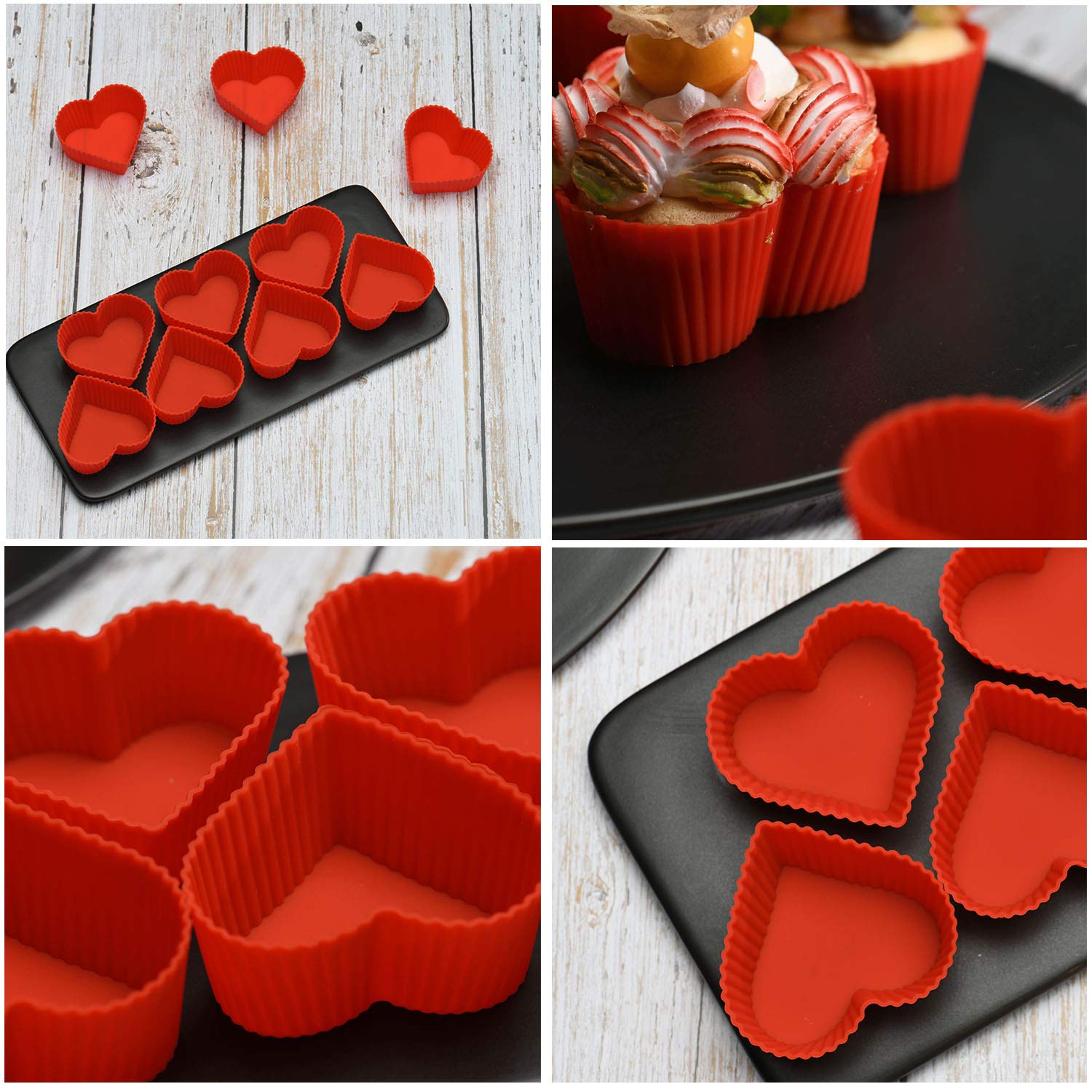 Baking Cups Cupcake Liners Silicone - Non-Stick Pastry Muffin Liner Molds, 2.75 Inch Reusable Storage Container,Heart,24 Pack