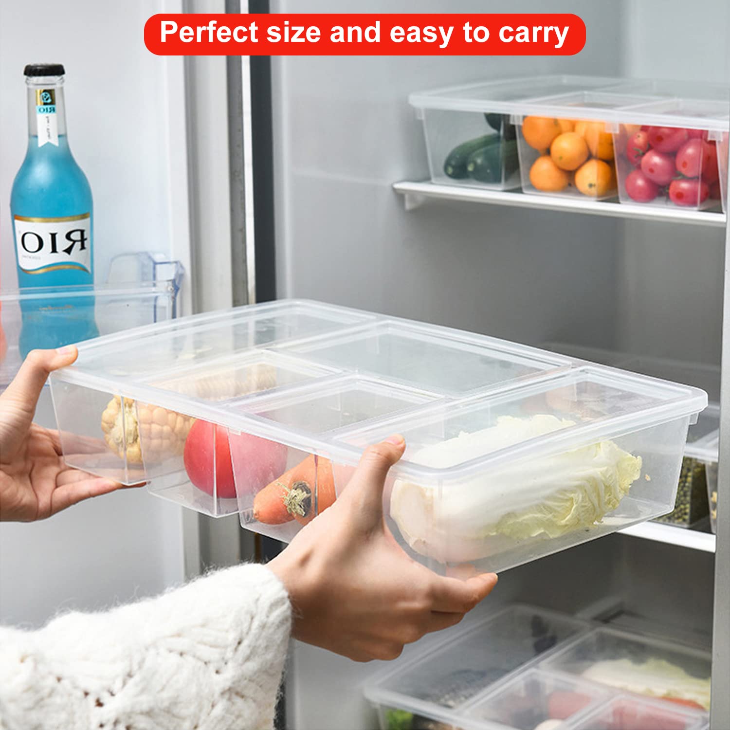 Taiuloo 2 Pack Divided Veggie Tray With Lid, 5 Compartment Snackle Box Container For Fridge, Clear Refrigerator Organizer Bins P