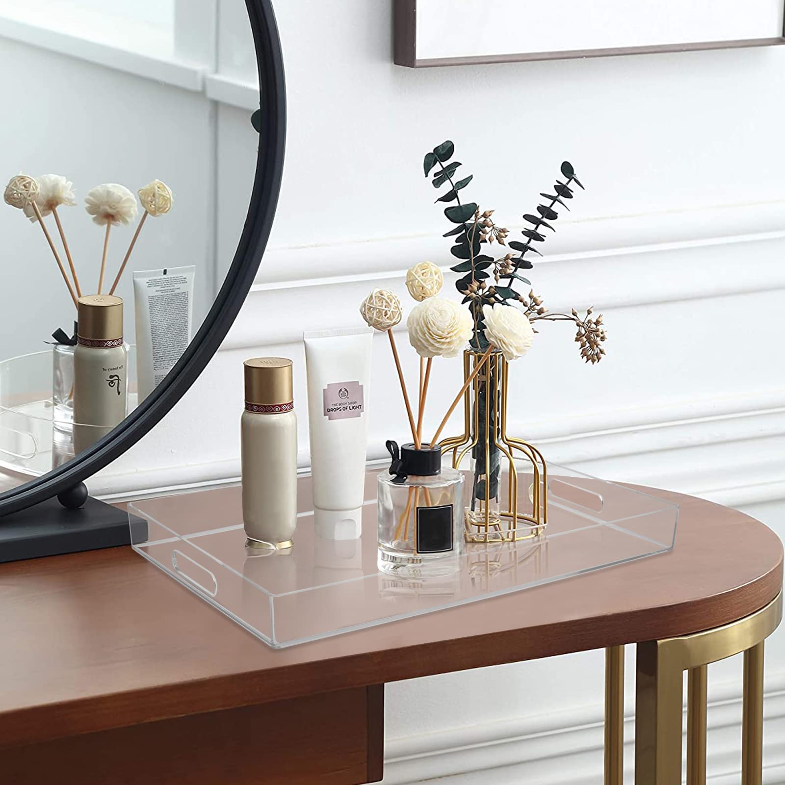 Maoname Clear Serving Tray With Handles, Plastic Clear Tray, Rectangle Decorative Tray For Coffee Table, Ottoman, Bathroom, Vani