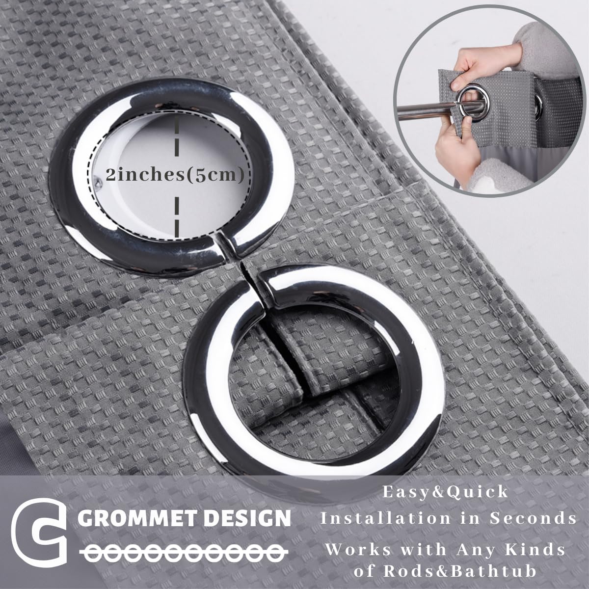 Ecoehoe Extra Long 71X79 Gray Waffle Fabric Hook Free Shower Curtain With Removable Polyester Liner-Heavy Weight